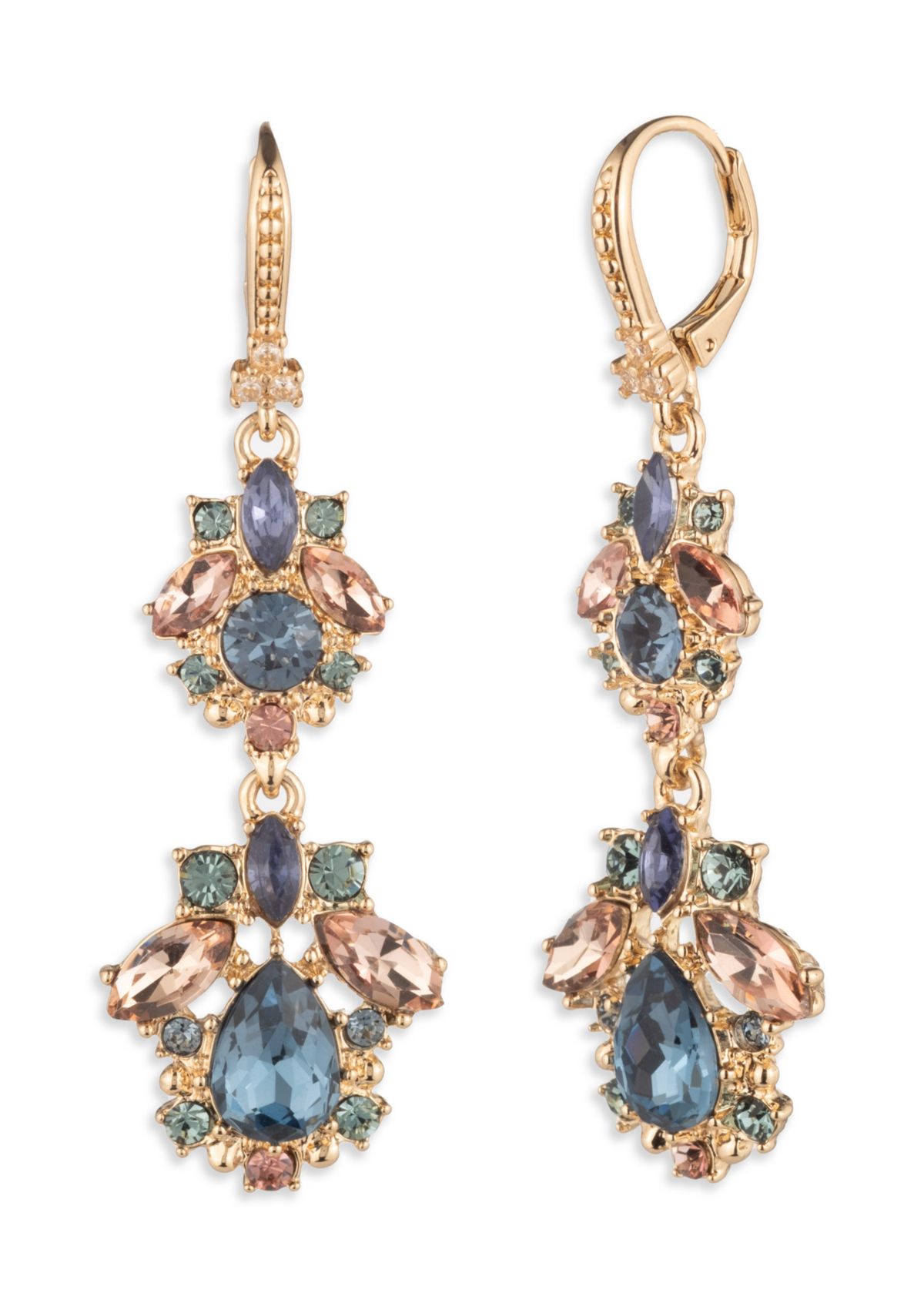 Womens Gold Tone Blue Crystal Double Drop Earrings