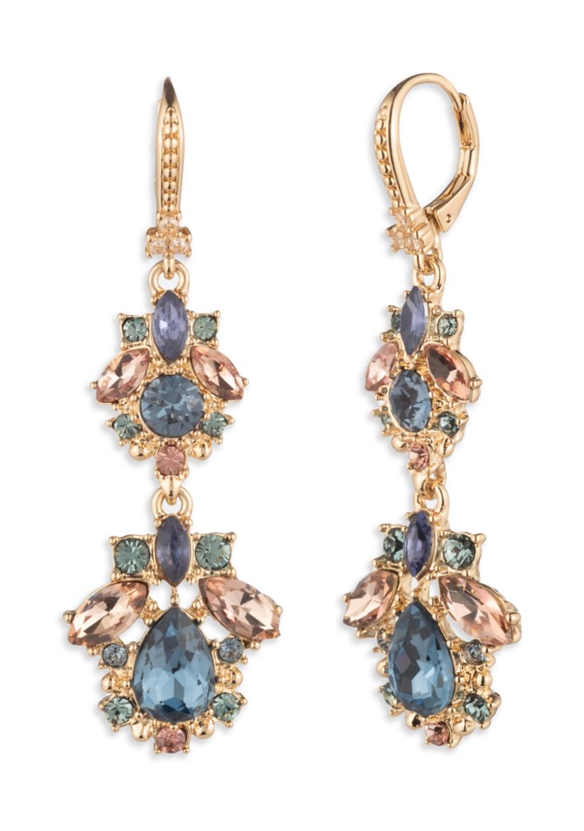 Womens Gold Tone Blue Crystal Double Drop Earrings