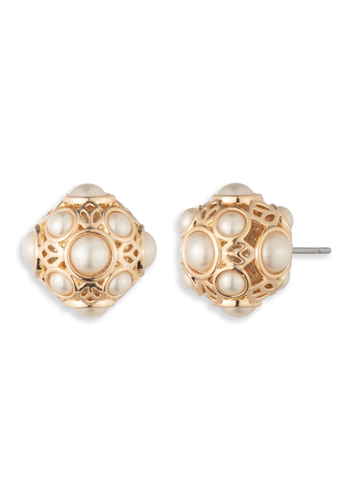Gold Tone Filigree Pearl Stud Earrings