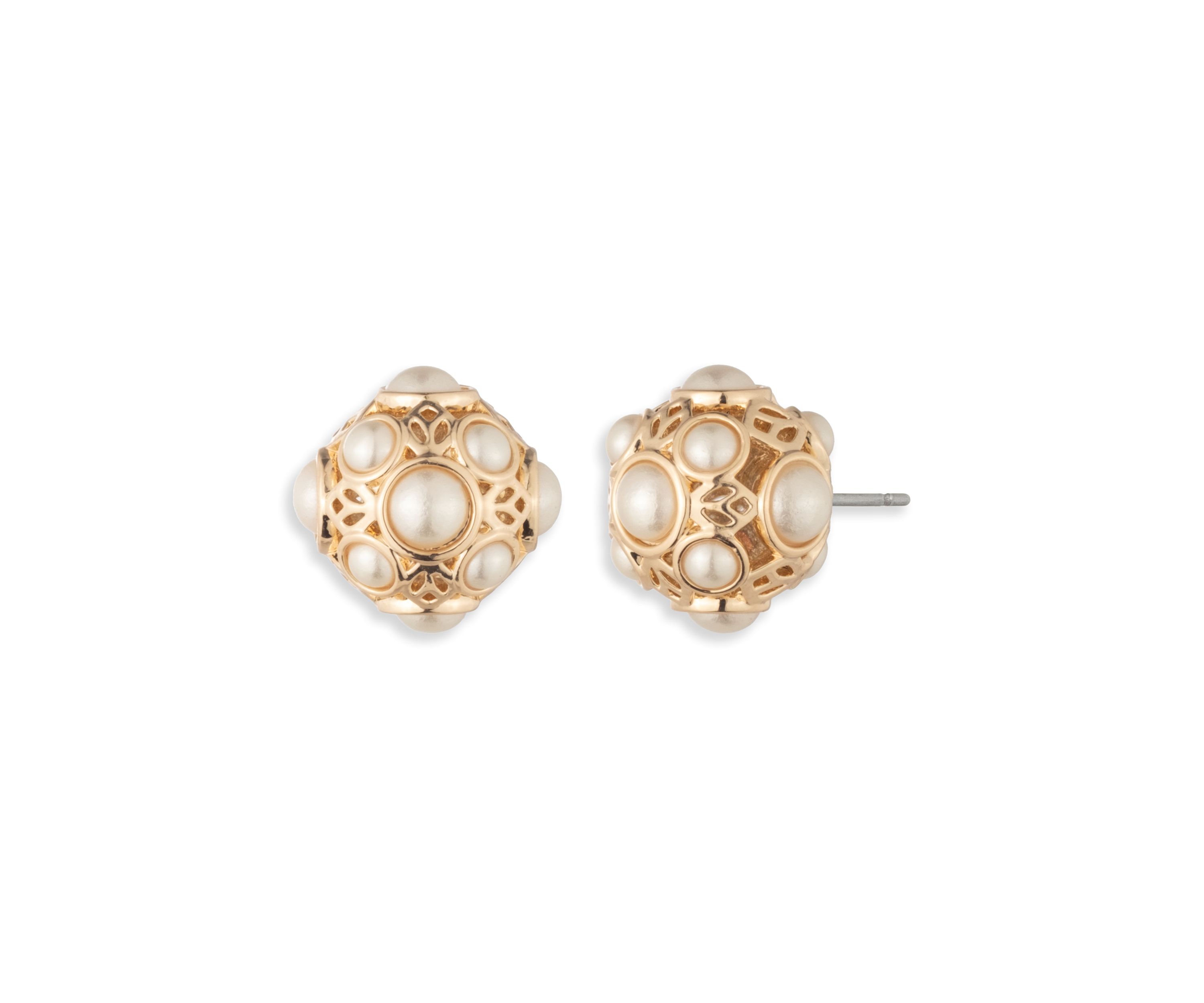 Gold Tone Filigree Pearl Stud Earrings