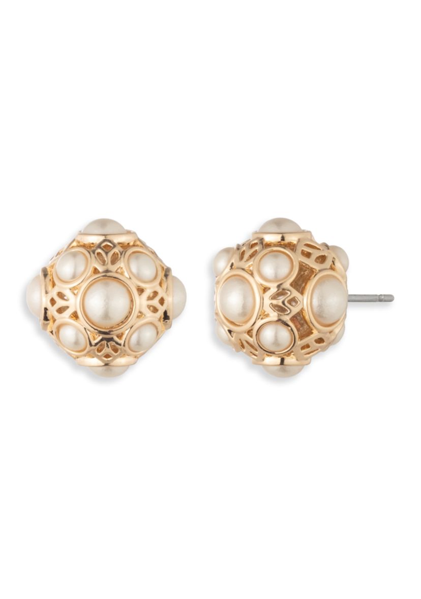 Gold Tone Filigree Pearl Stud Earrings