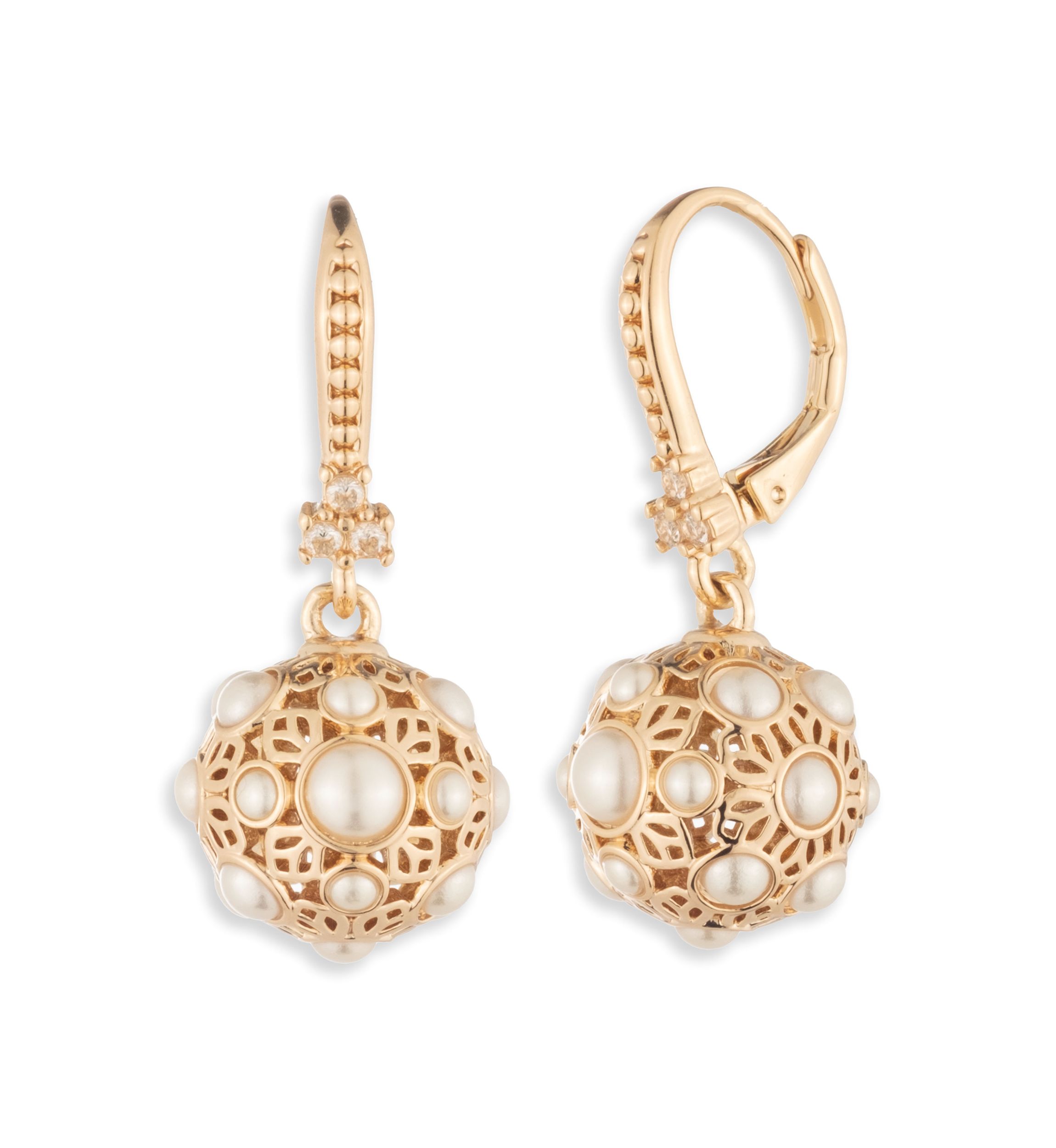 Gold Tone White Pearl Drop Earrings