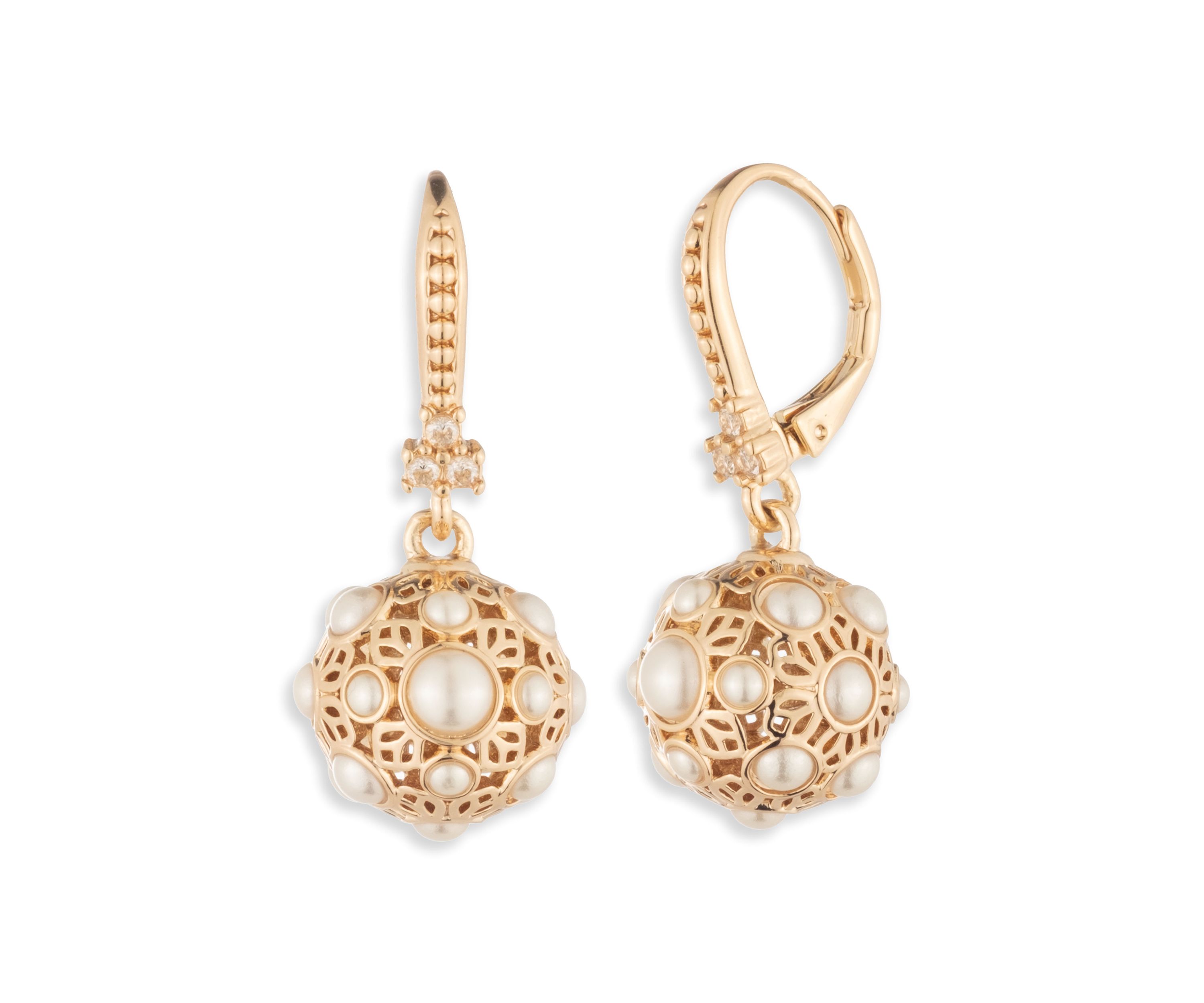 Gold Tone White Pearl Drop Earrings