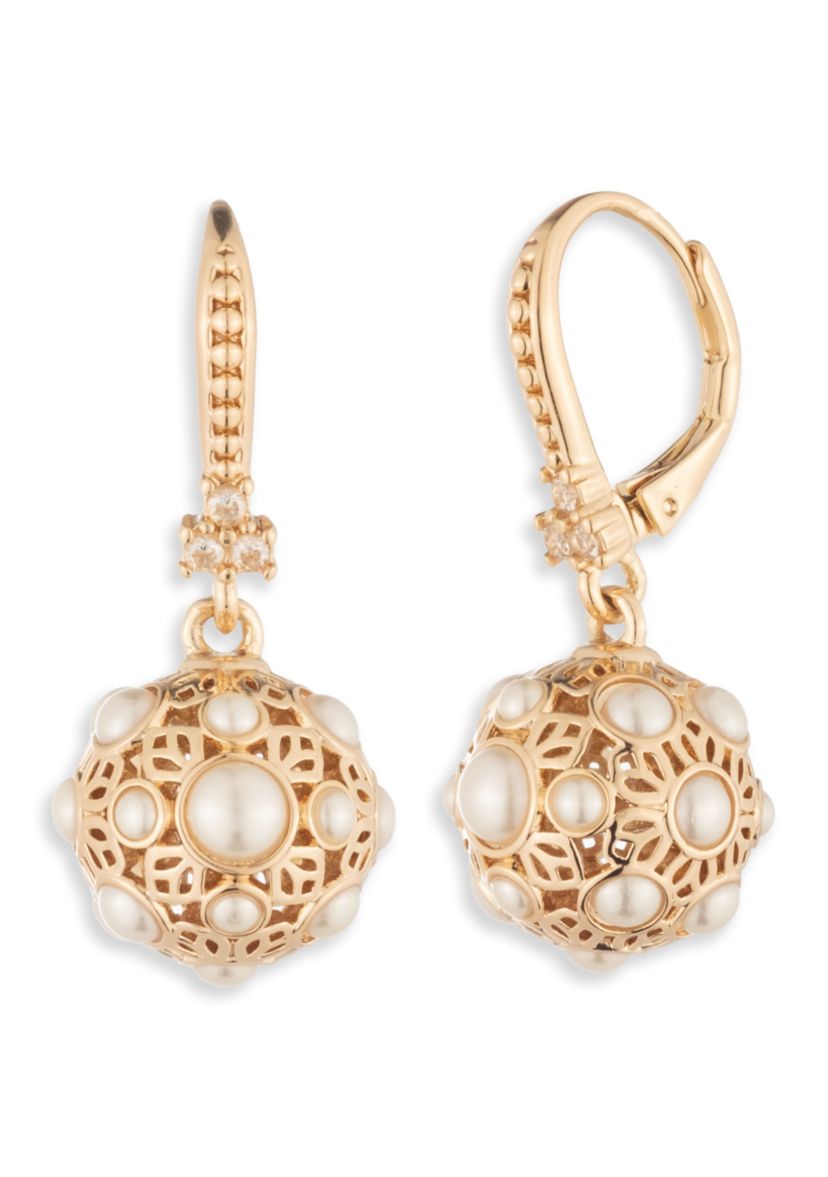 Gold Tone White Pearl Drop Earrings