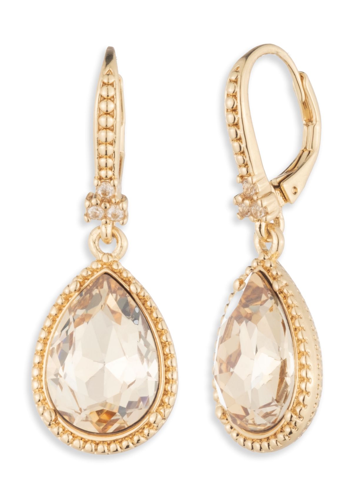 Gold Tone Tear Drop Crystal Earrings