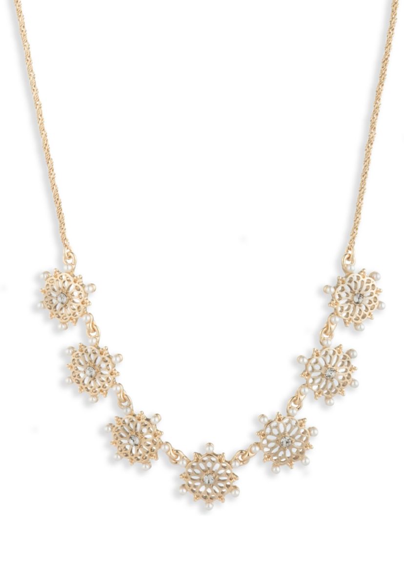 Gold Tone Pearl Filigree Frontal Necklace