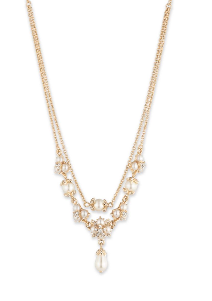 Gold Tone Pearl Pendant Frontal Necklace