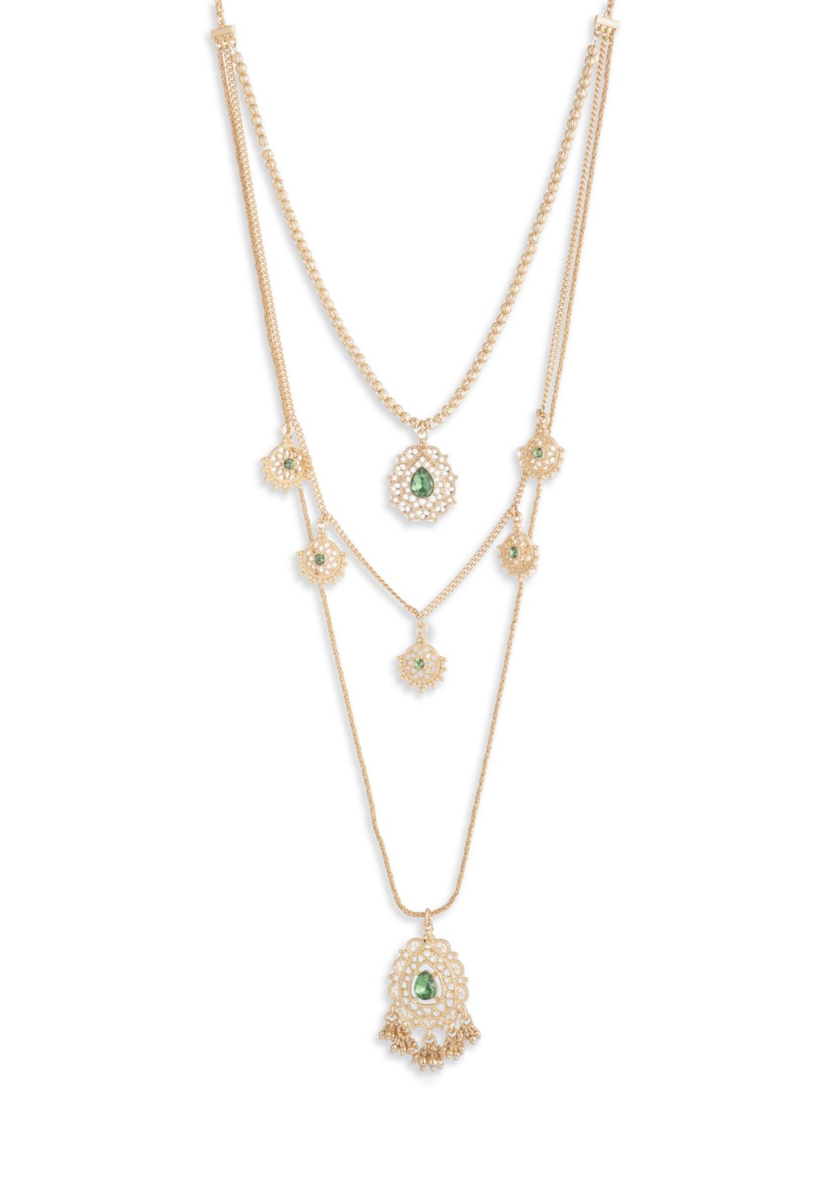 Gold Multi-layered Green Crystal Pendant Necklace