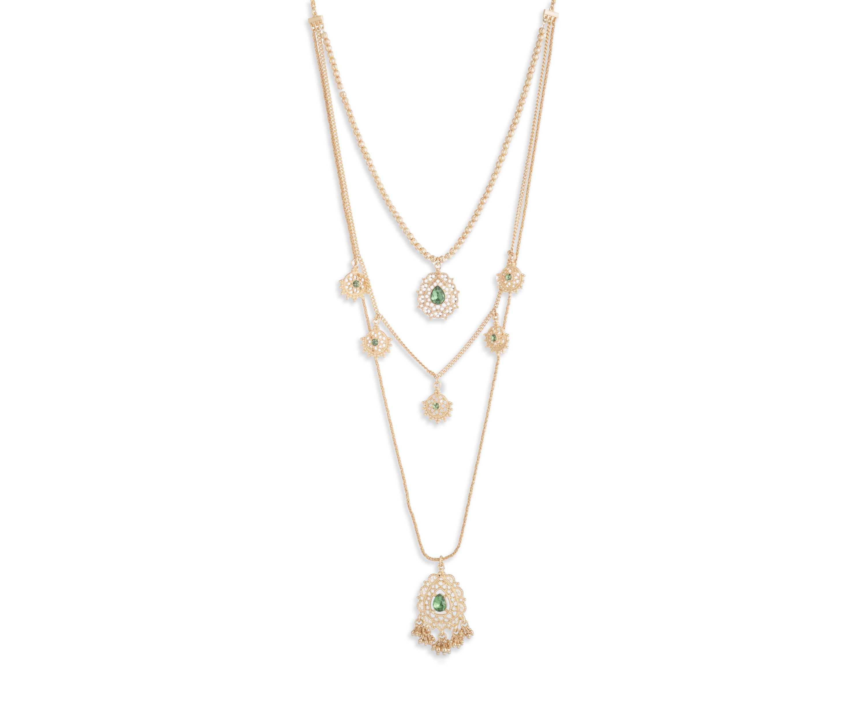 Gold Multi-layered Green Crystal Pendant Necklace