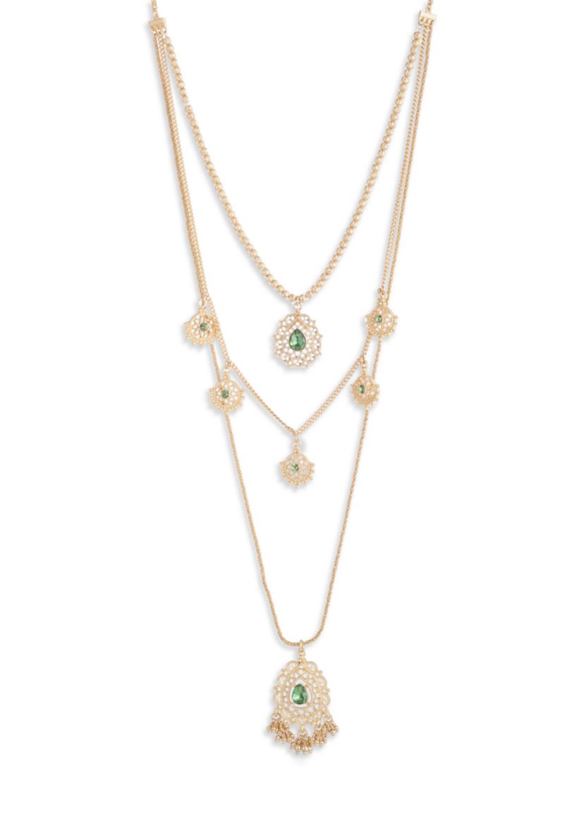 Gold Multi-layered Green Crystal Pendant Necklace