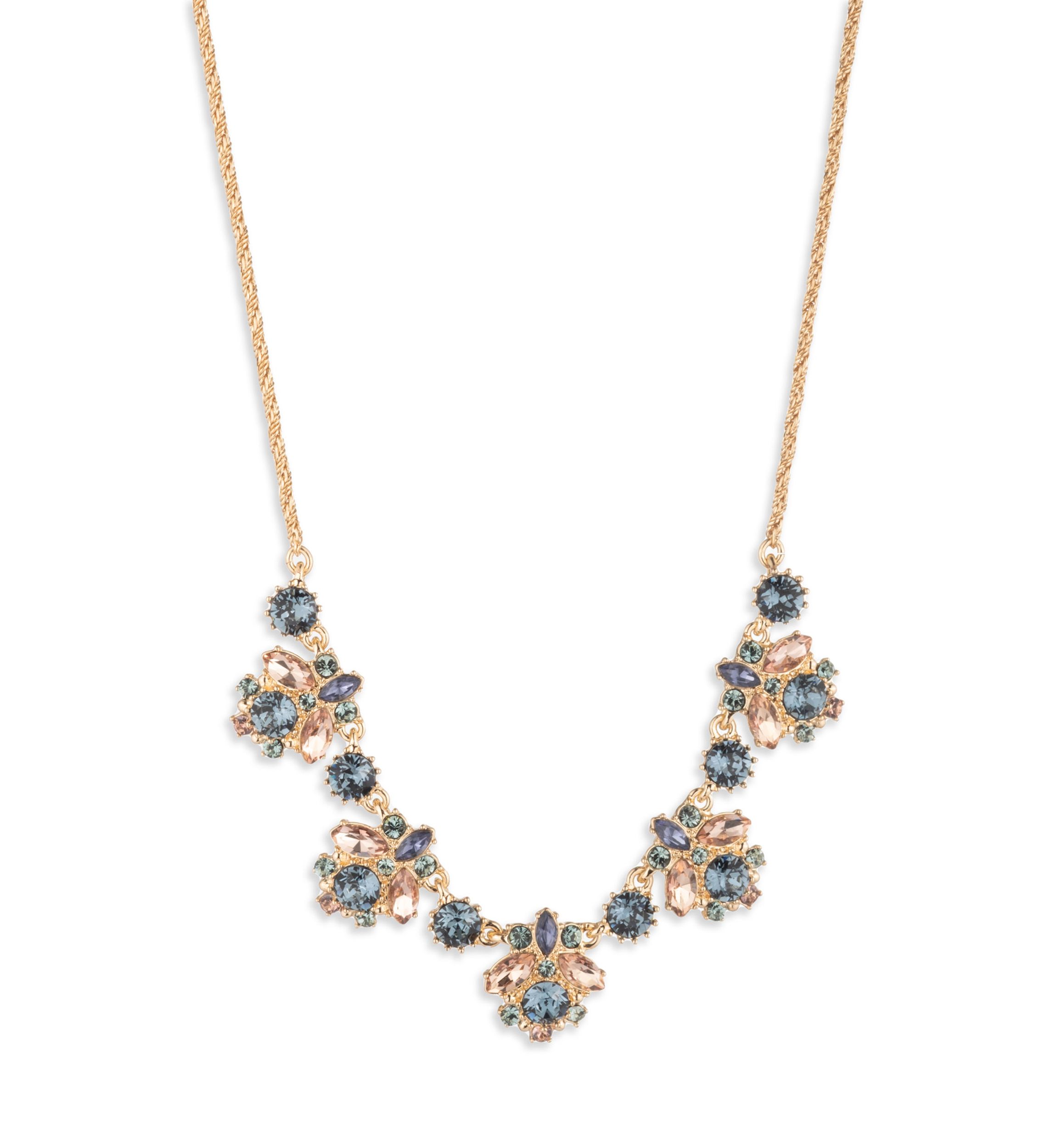 Gold Tone Blue Crystal Frontal Necklace
