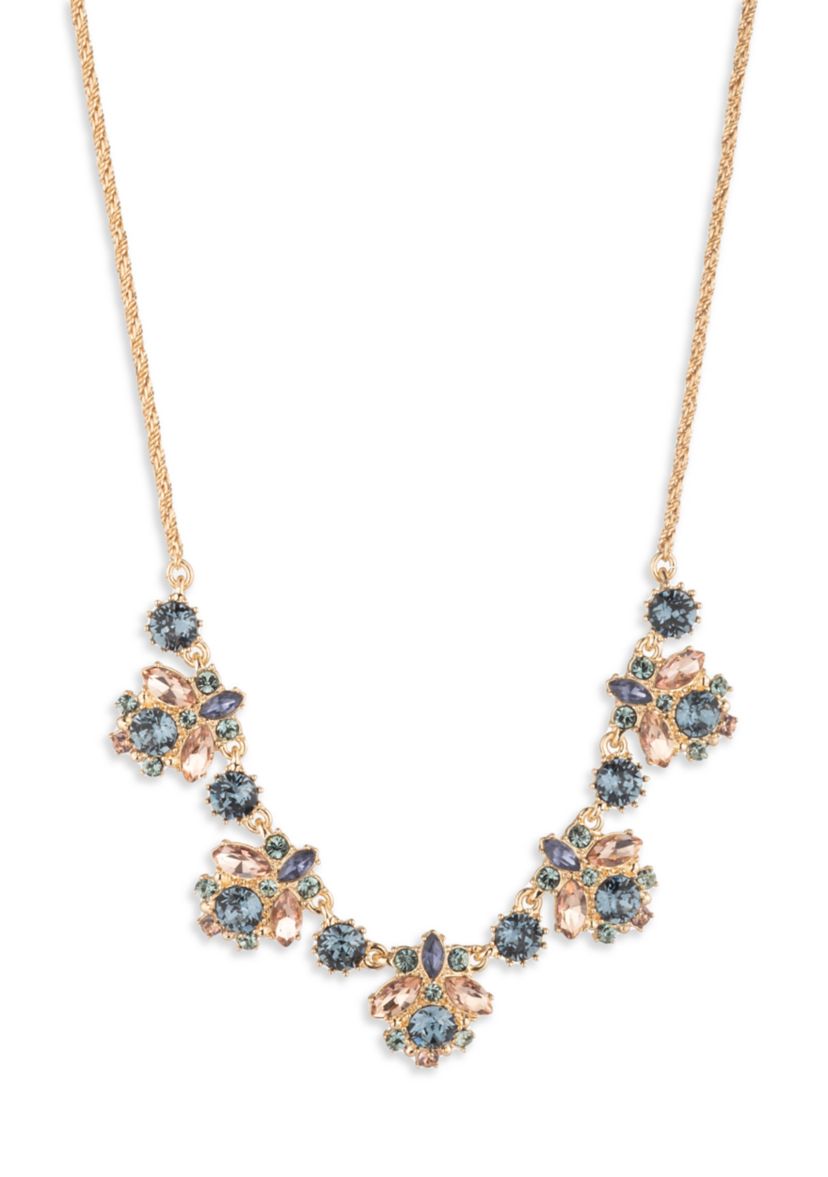 Gold Tone Blue Crystal Frontal Necklace