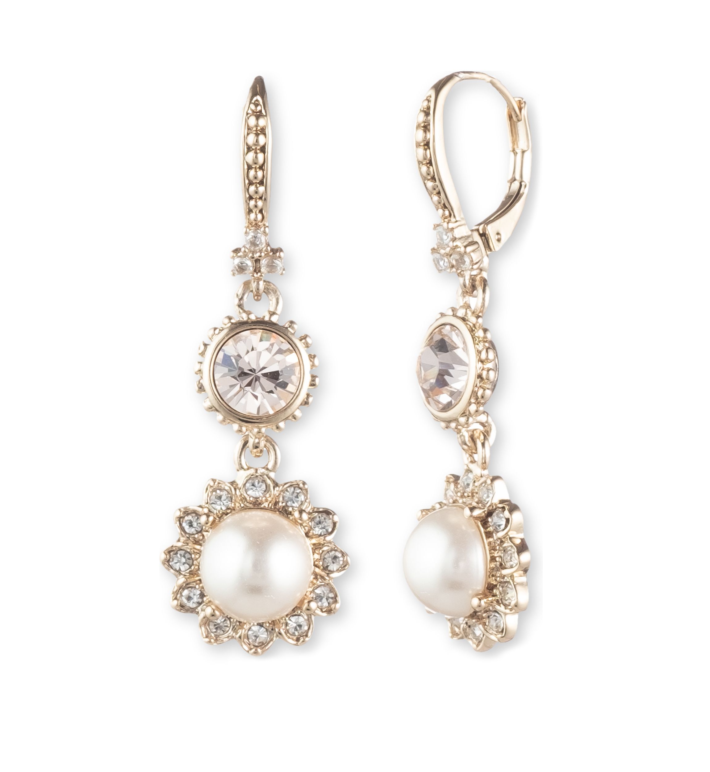 Double Drop Cream Pearl Pink Stone Earrings