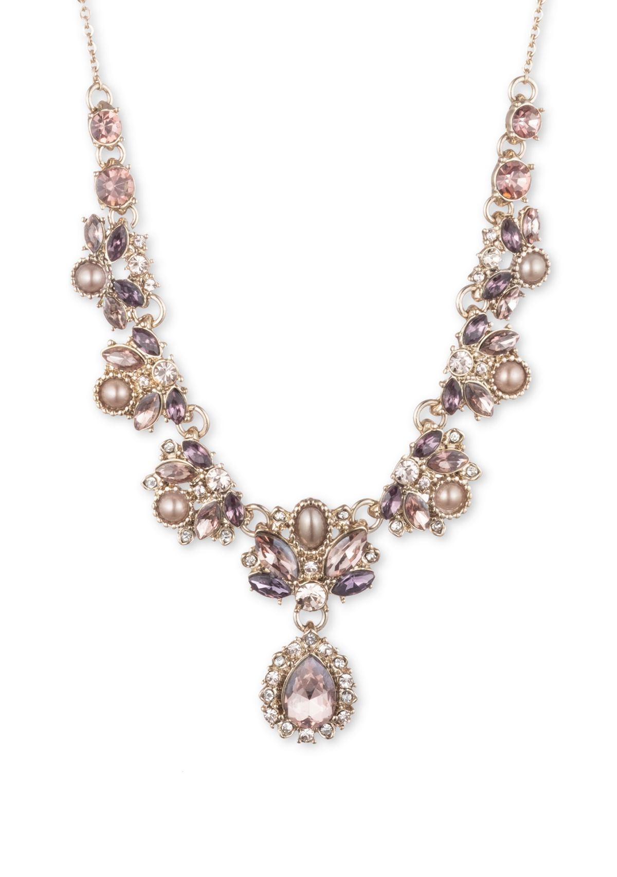 Gold Tone Wishing Well Pink and Purple Antiqued Social Y Necklace