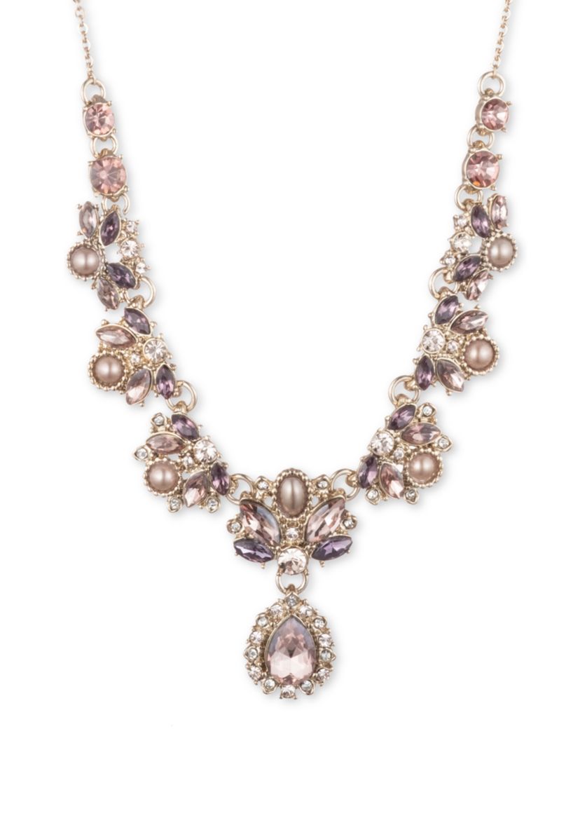 Gold Tone Wishing Well Pink and Purple Antiqued Social Y Necklace