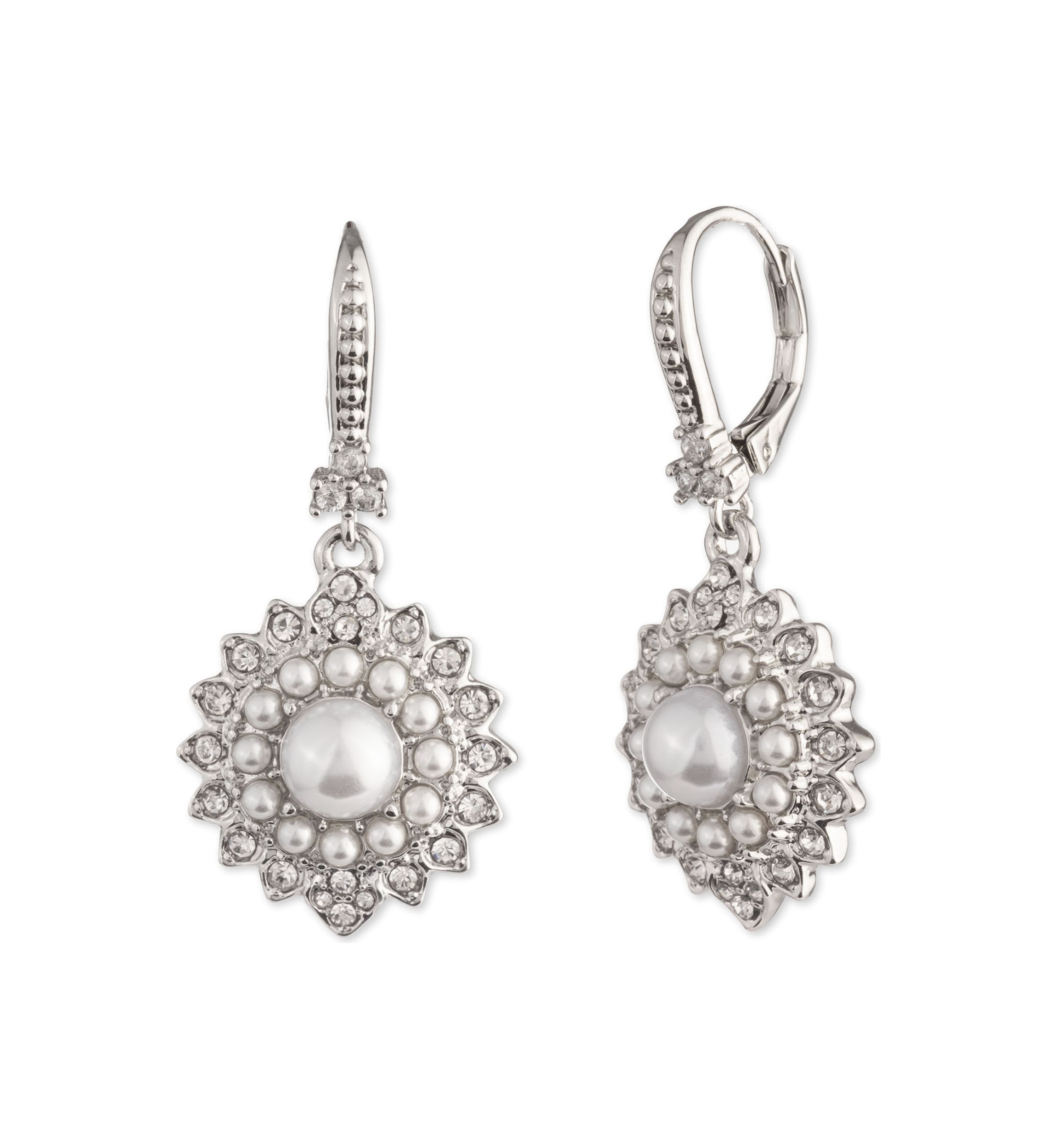Silver Tone White Round Pearl Drop Earrings