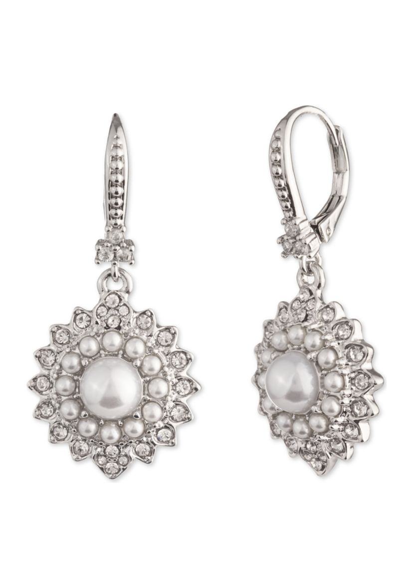 Silver Tone White Round Pearl Drop Earrings