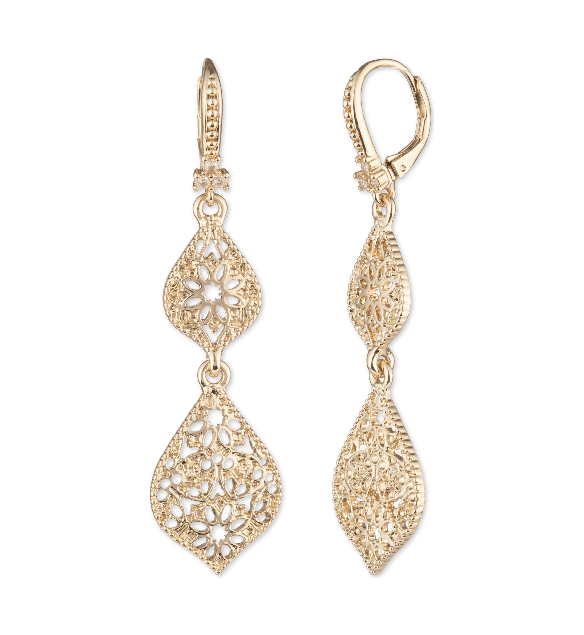 Gold Tone Medium Filigree Drop Earrings