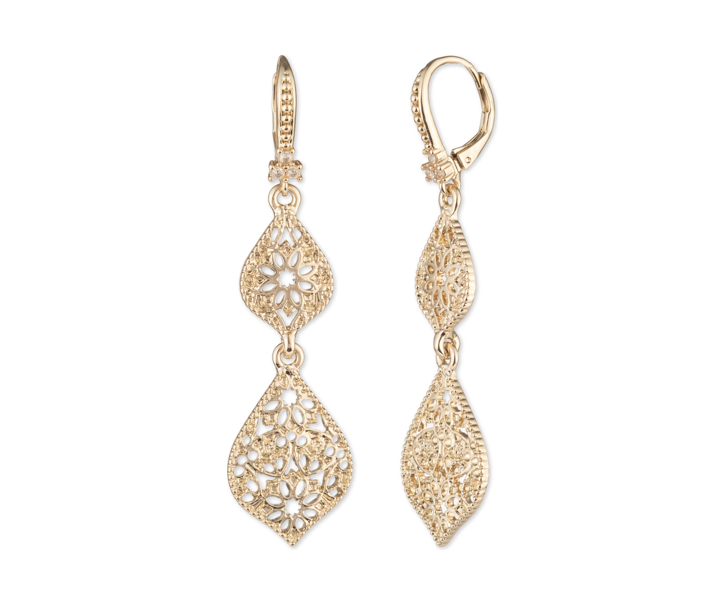 Gold Tone Medium Filigree Drop Earrings