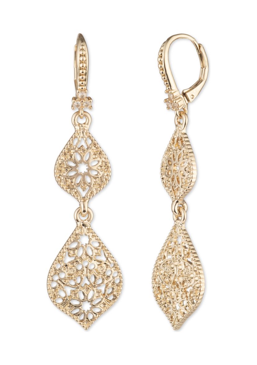 Gold Tone Medium Filigree Drop Earrings