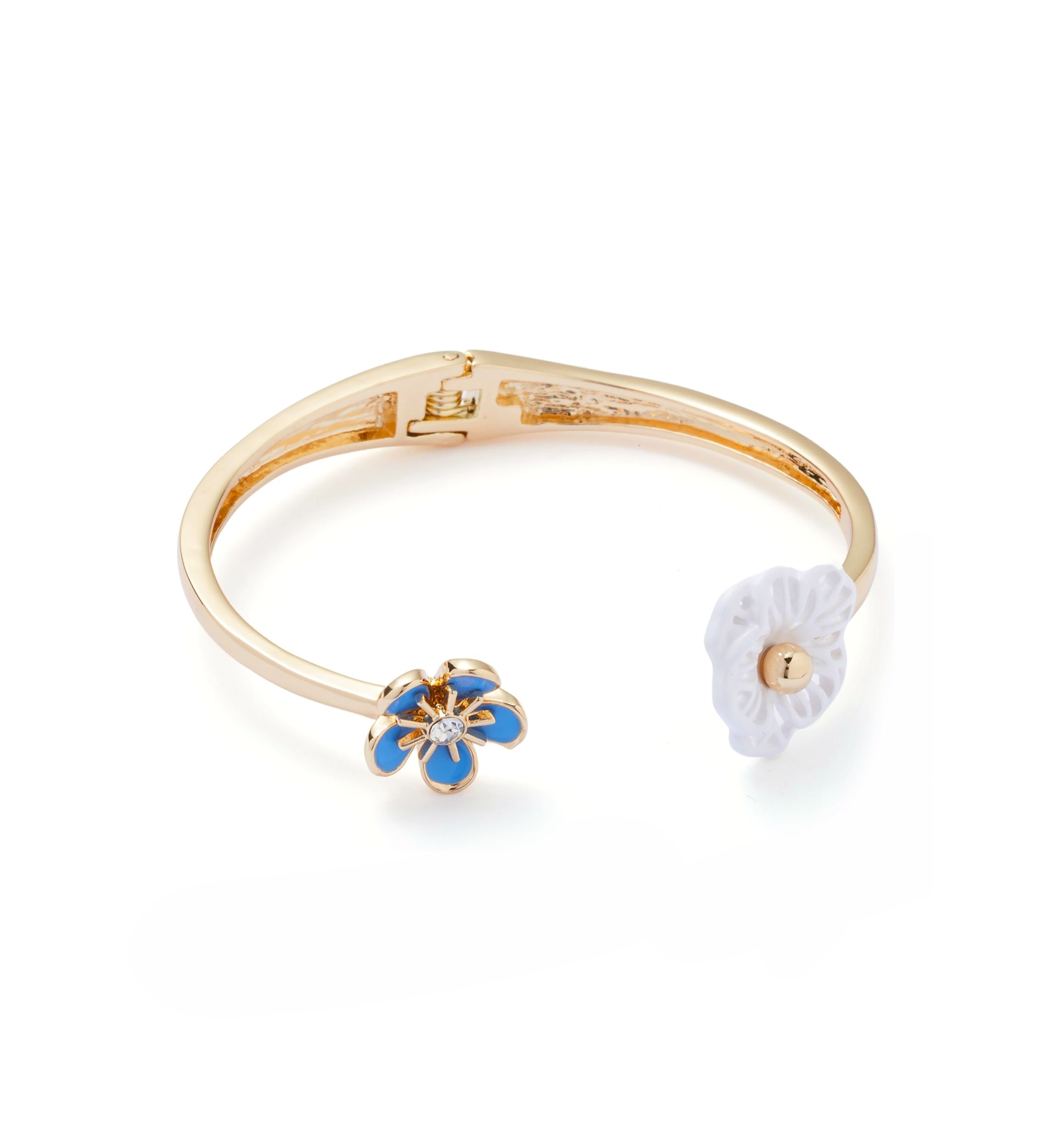 Gold tone Blue Flower Hinge Bangle Bracelet