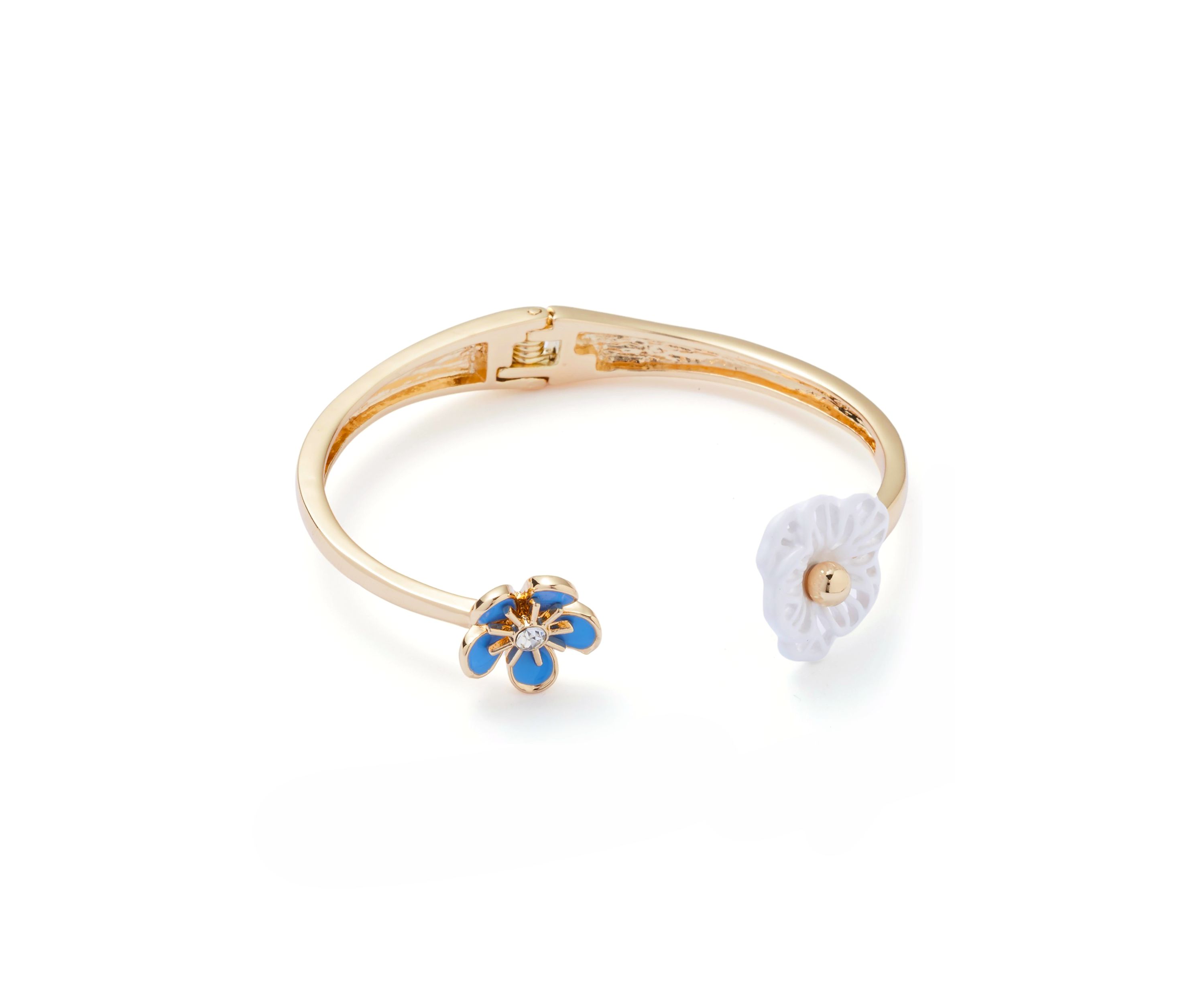 Gold tone Blue Flower Hinge Bangle Bracelet