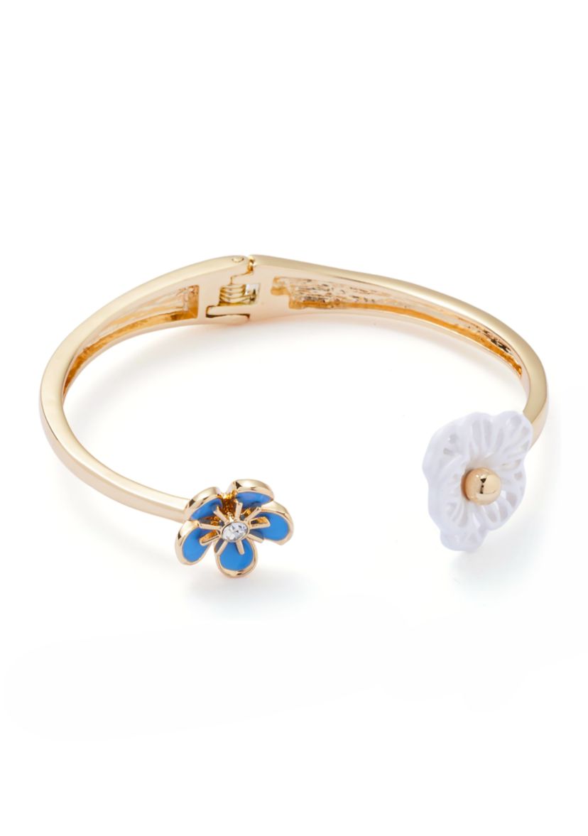 Gold tone Blue Flower Hinge Bangle Bracelet