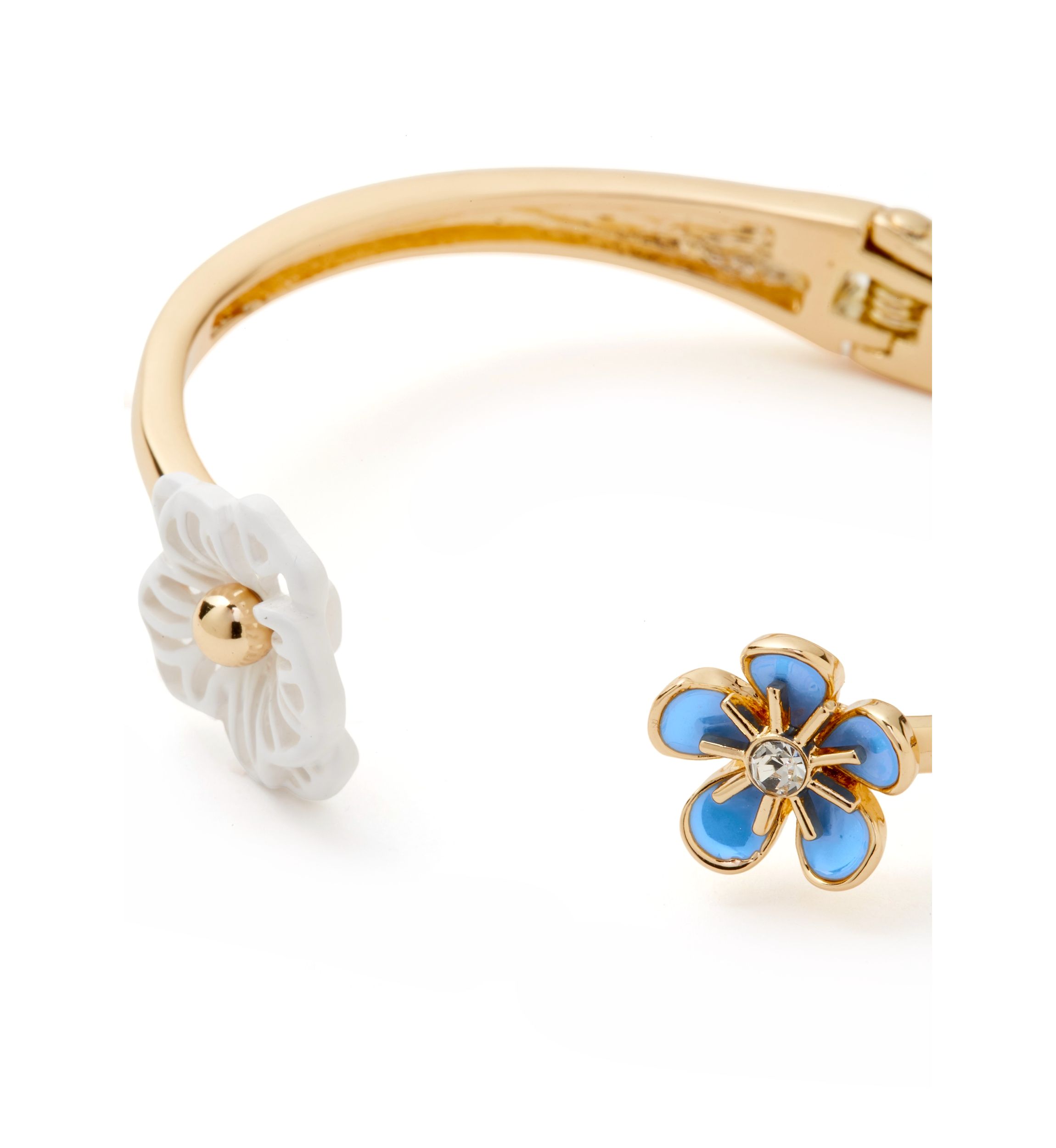 Gold tone Blue Flower Hinge Bangle Bracelet