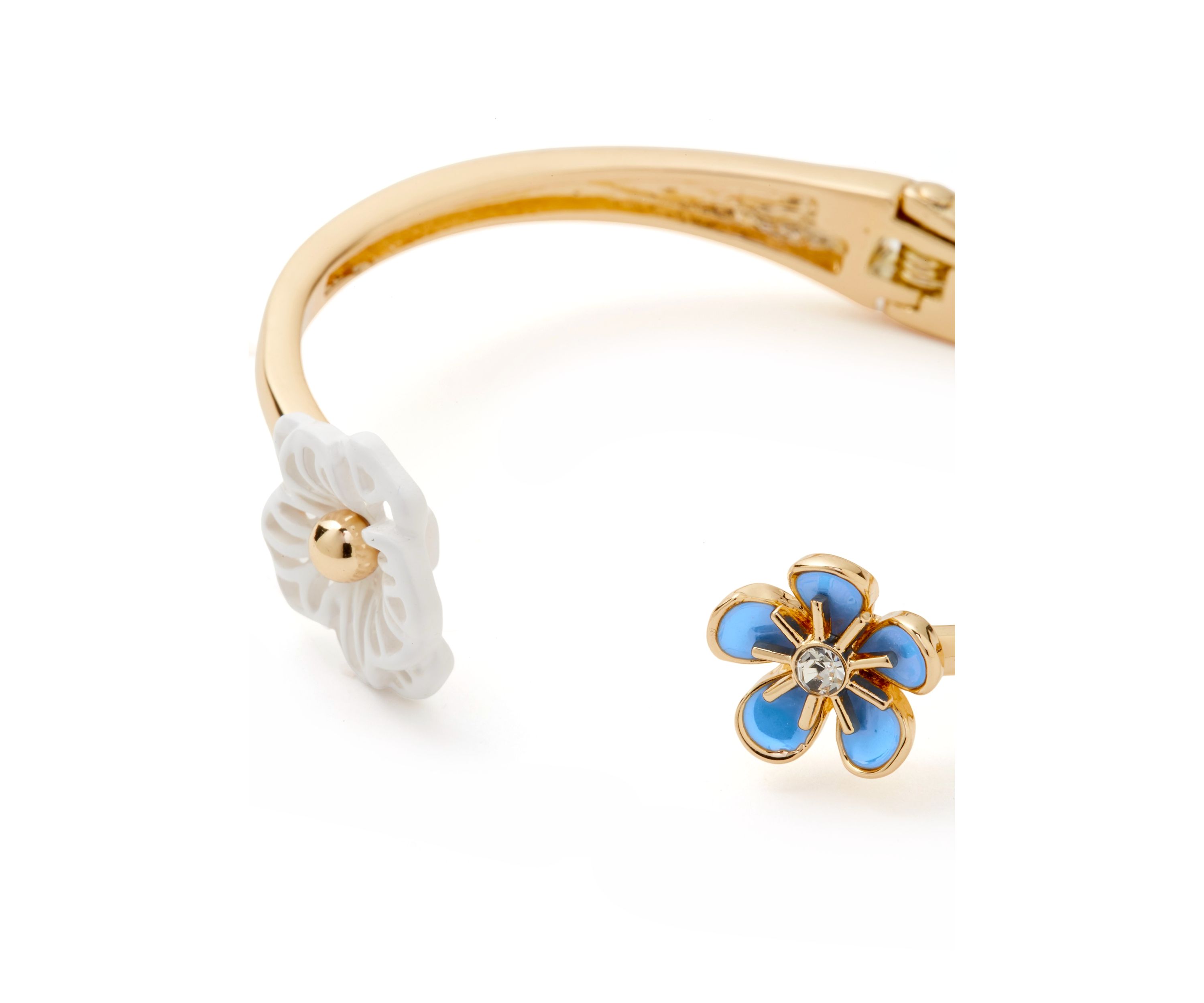Gold tone Blue Flower Hinge Bangle Bracelet