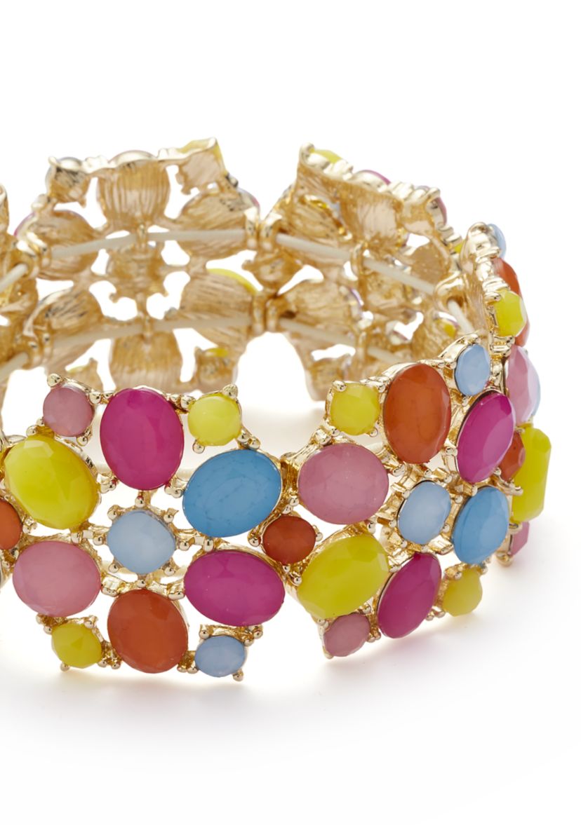 Gold Tone Multi Milky Cluster Stretch Bracelet