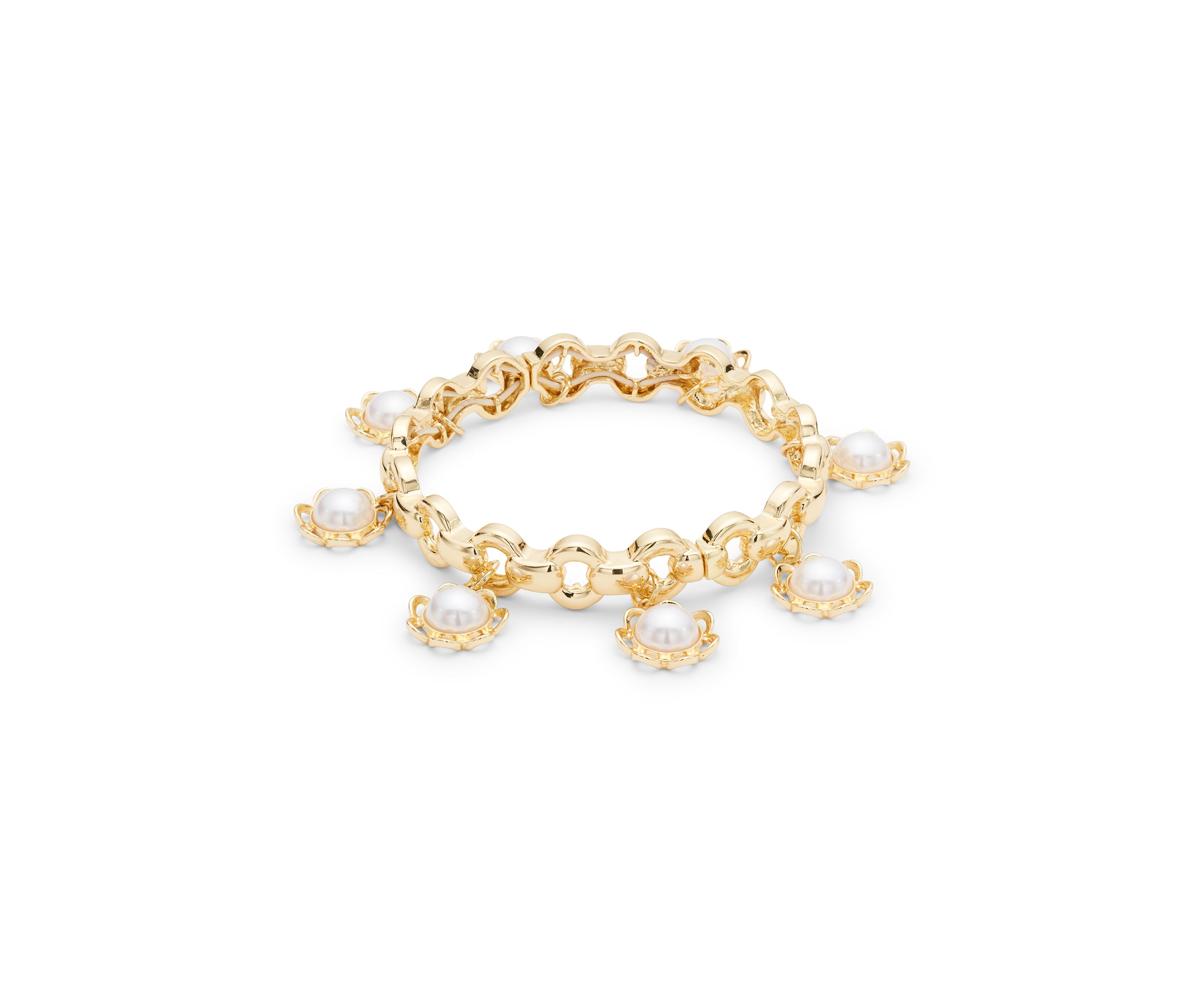 Gold Tone Shakey Pearl Flower Drop Stretch Bracelet