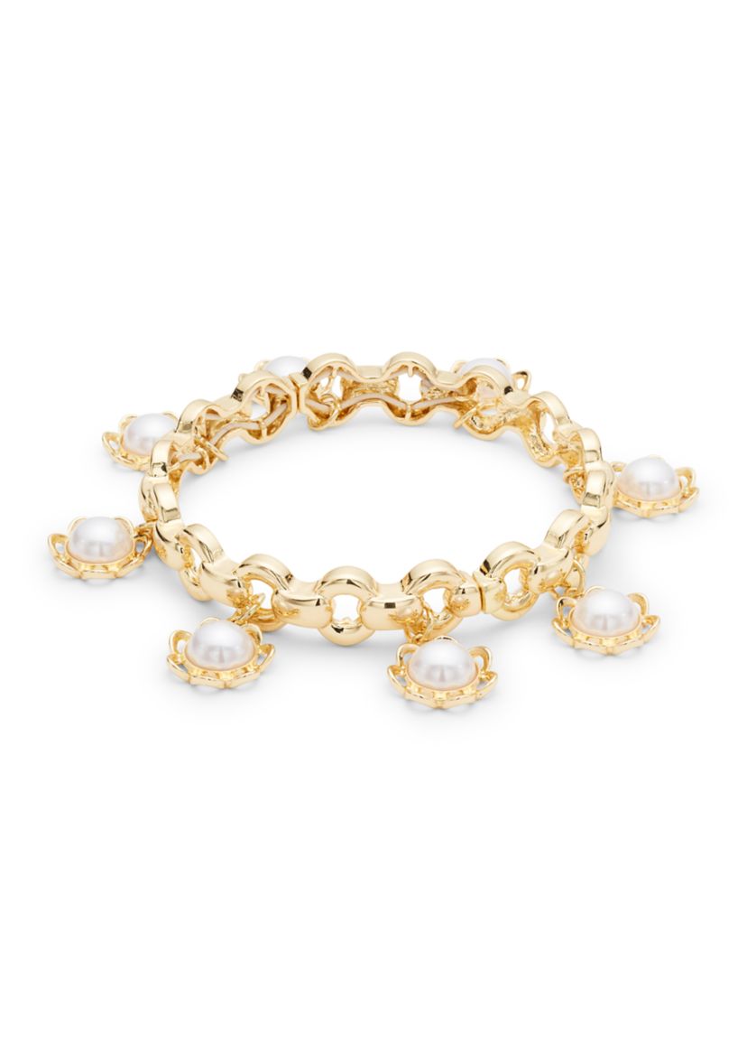Gold Tone Shakey Pearl Flower Drop Stretch Bracelet