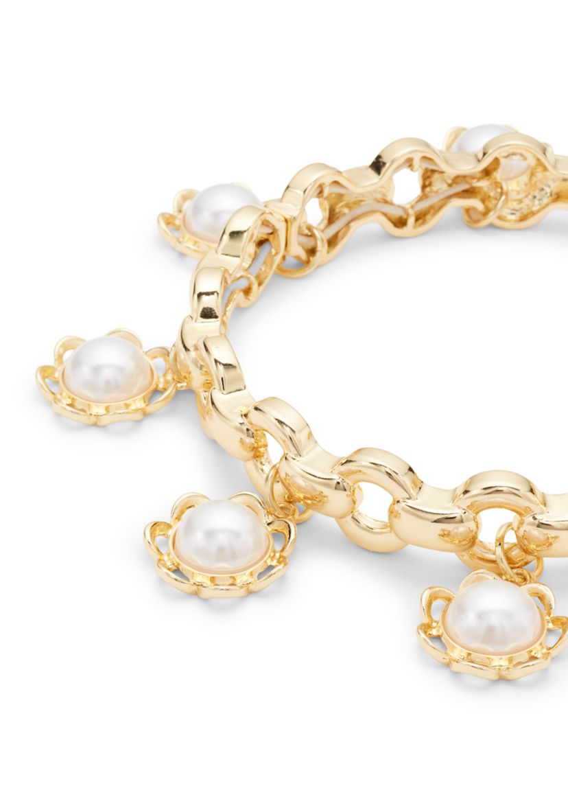 Gold Tone Shakey Pearl Flower Drop Stretch Bracelet