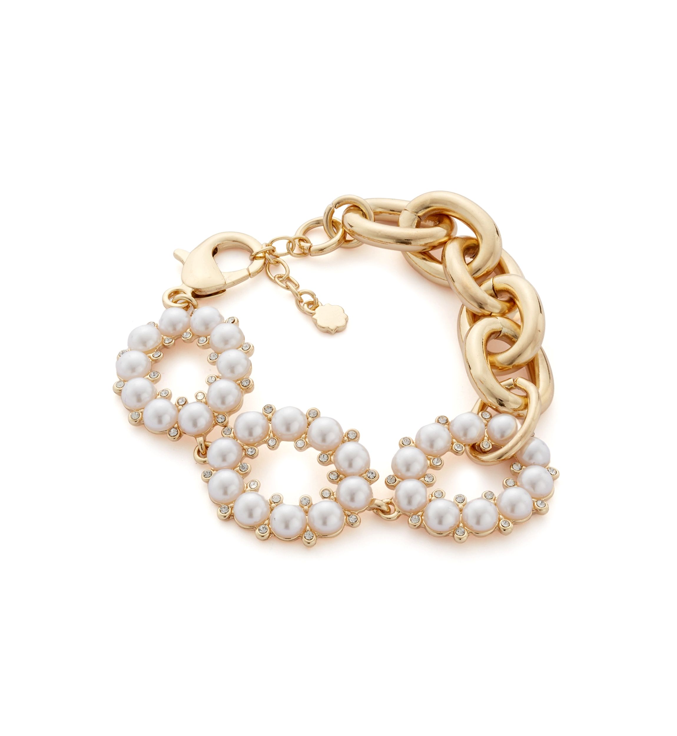 Gold Tone White Round Pearl and Chain Link Bracelet