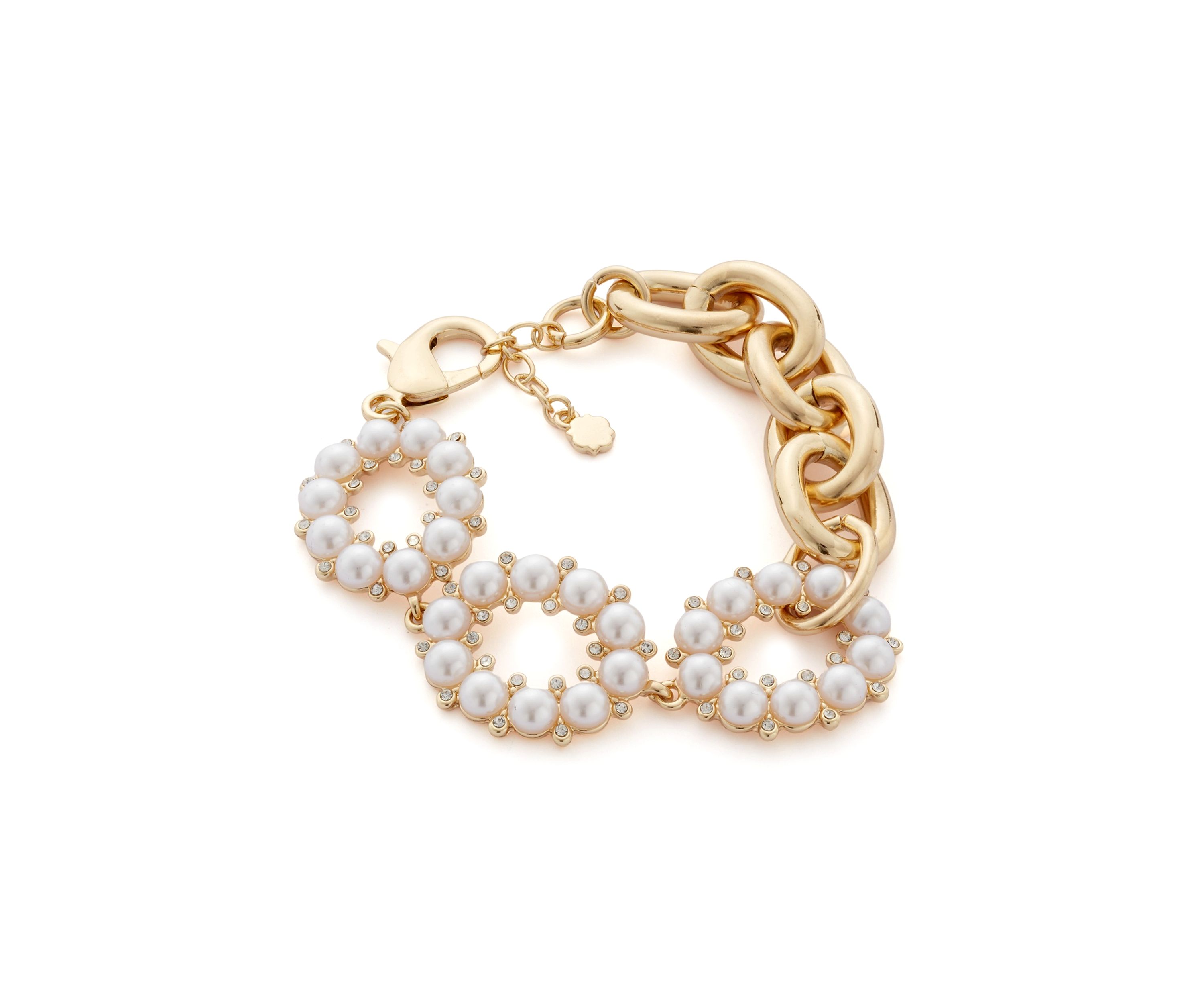 Gold Tone White Round Pearl and Chain Link Bracelet