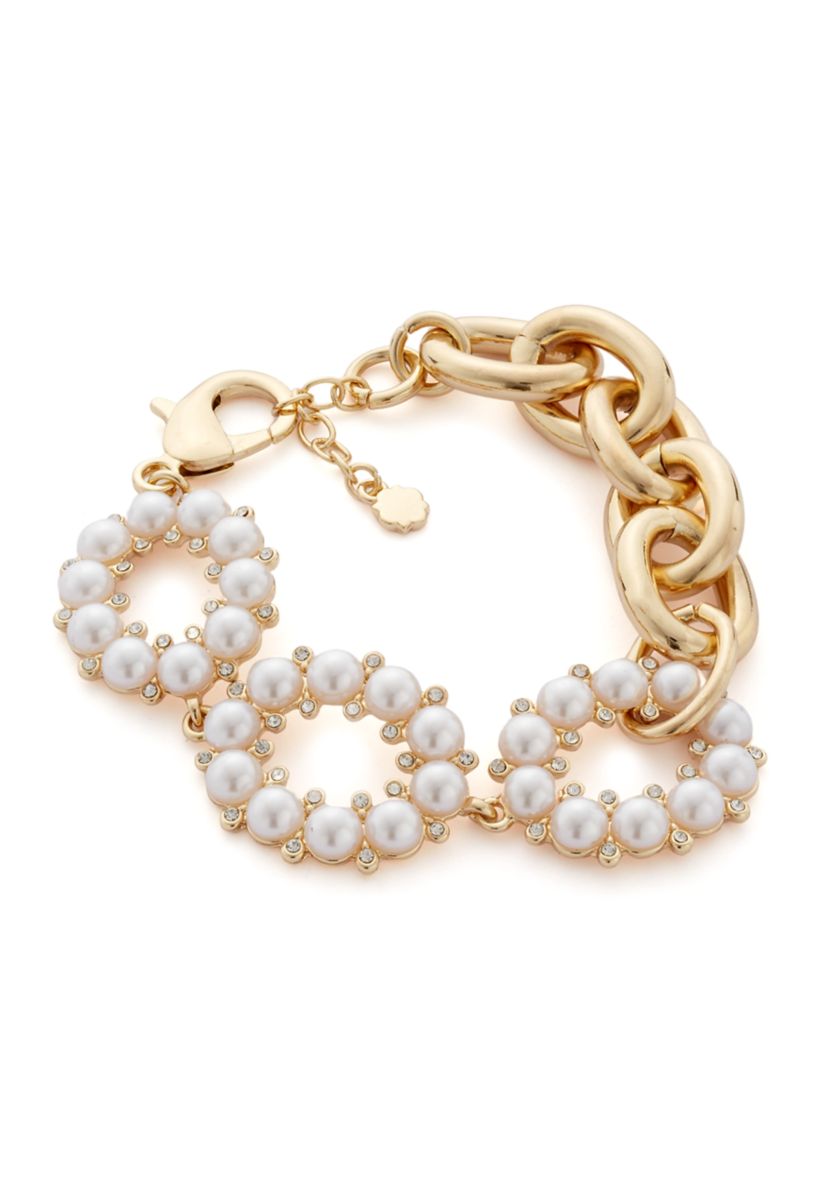 Gold Tone White Round Pearl and Chain Link Bracelet