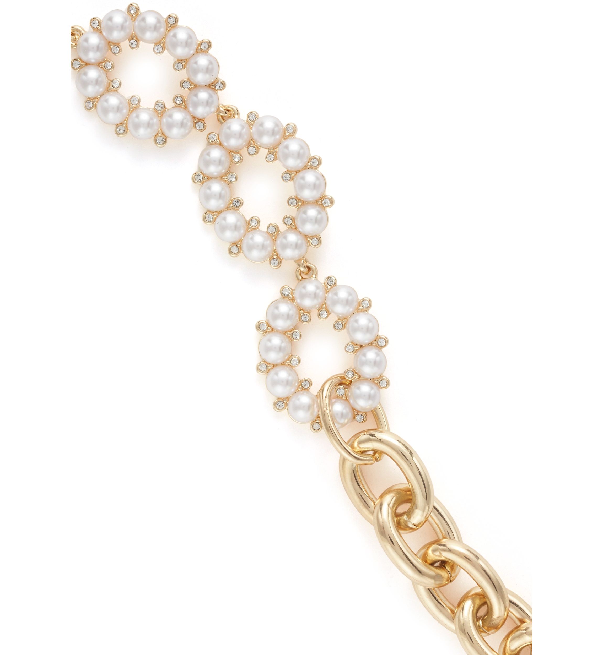 Gold Tone White Round Pearl and Chain Link Bracelet
