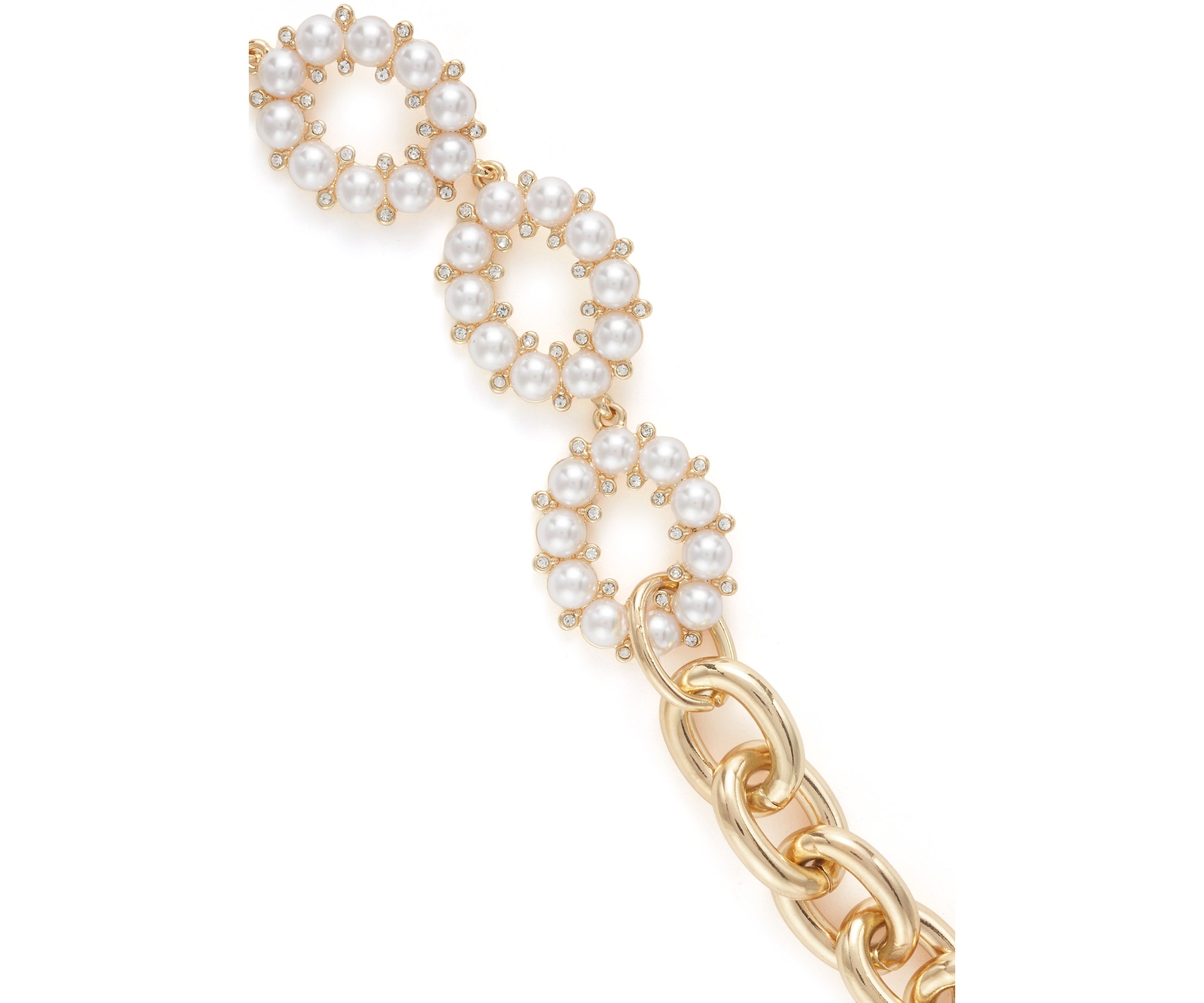 Gold Tone White Round Pearl and Chain Link Bracelet