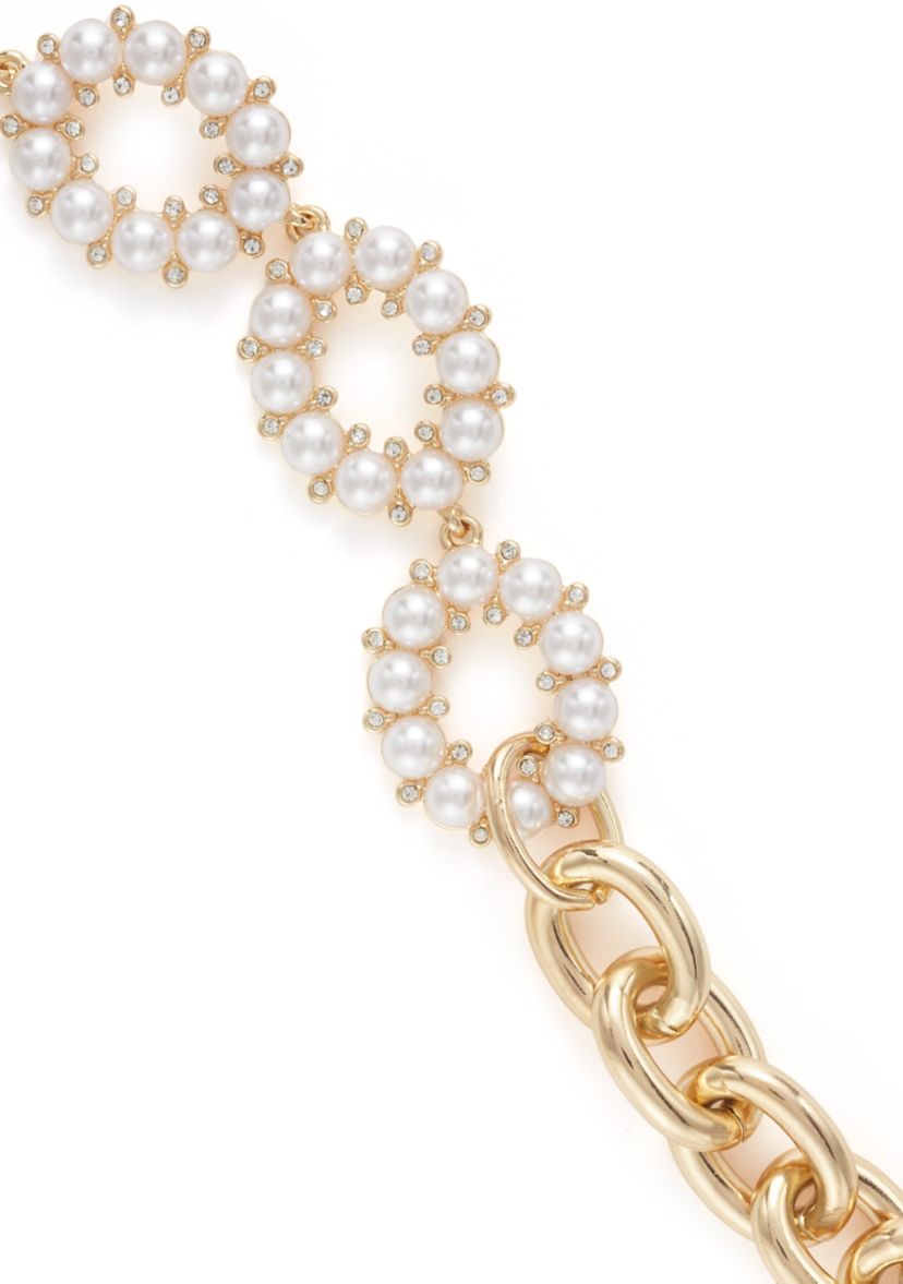 Gold Tone White Round Pearl and Chain Link Bracelet