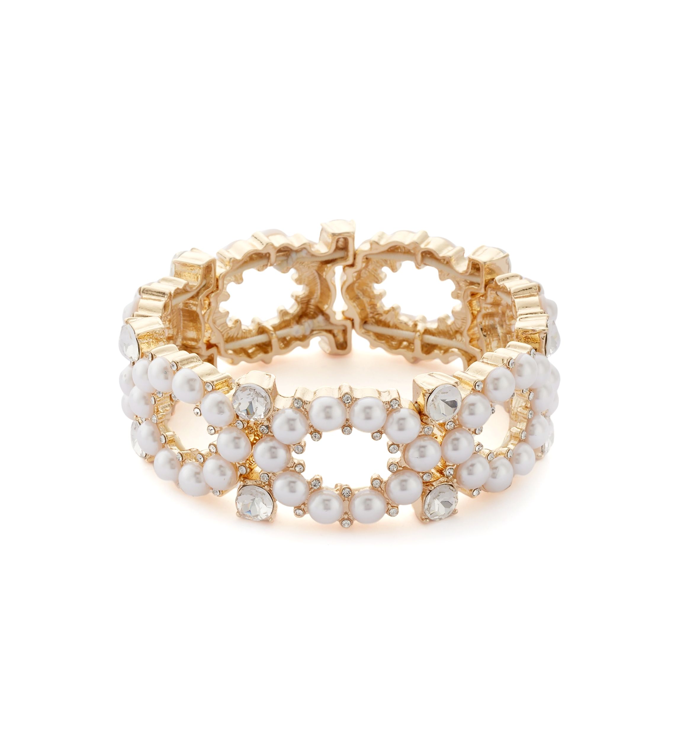 Gold Tone Round Pearl and Crystal Stretch Bracelet
