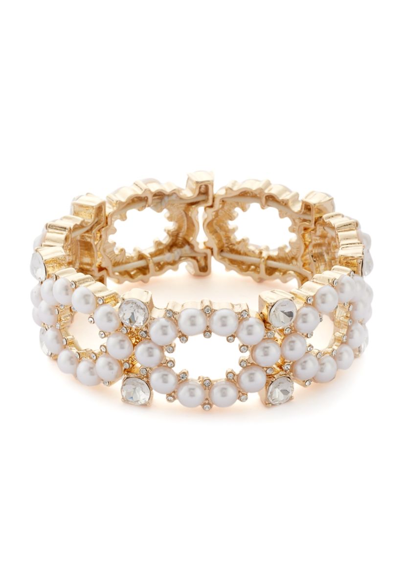 Gold Tone Round Pearl and Crystal Stretch Bracelet
