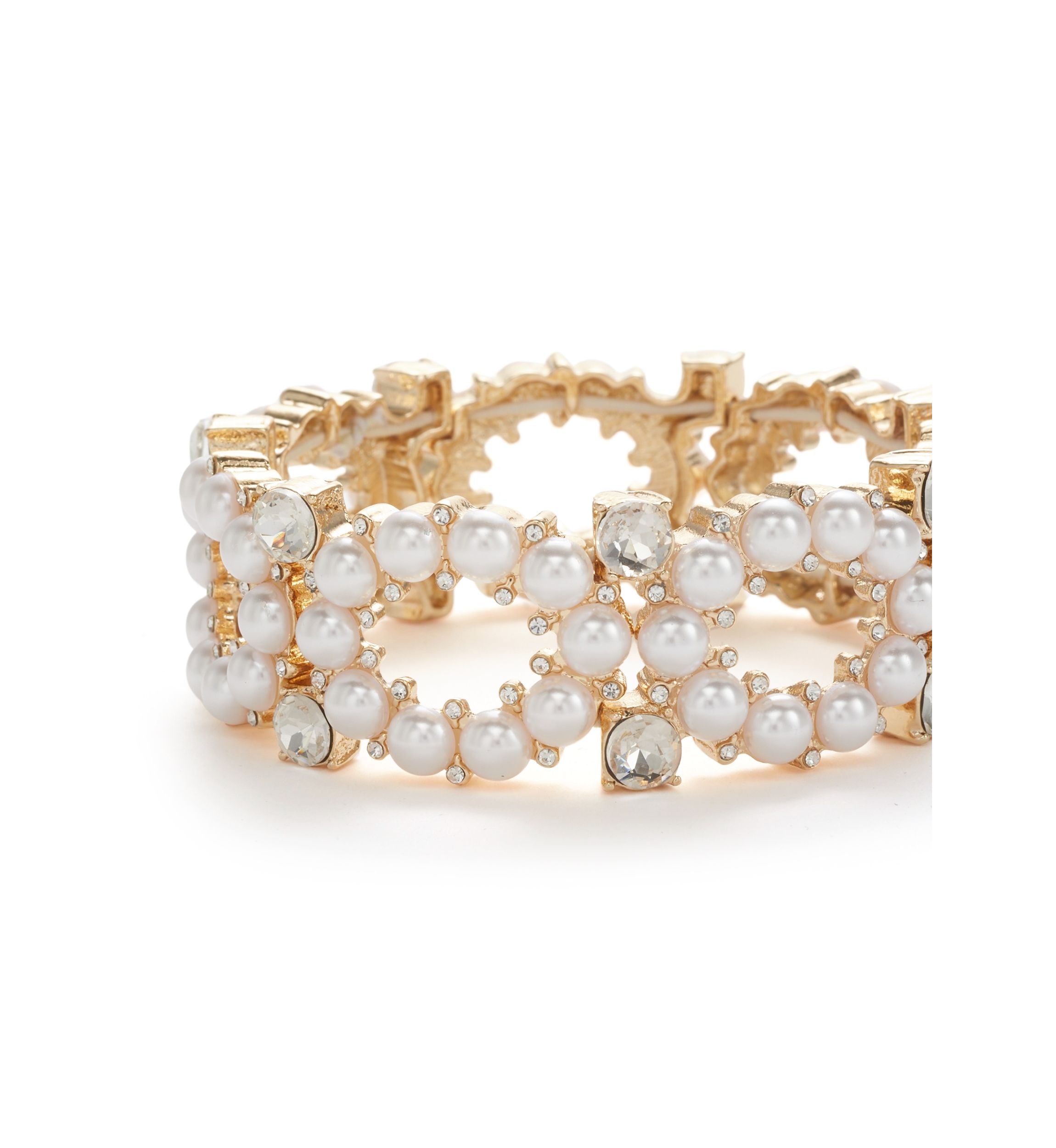 Gold Tone Round Pearl and Crystal Stretch Bracelet