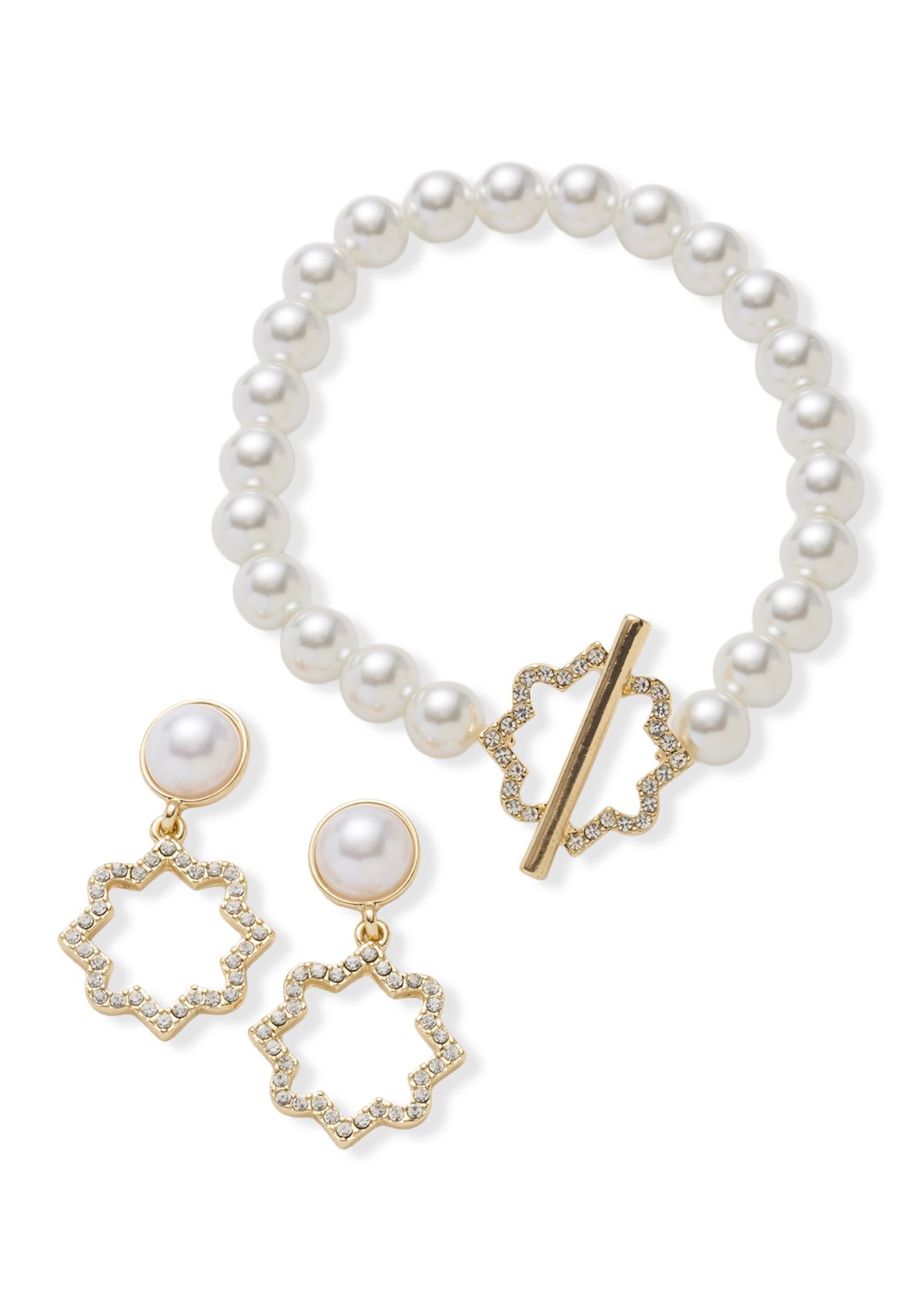 Gold Tone Quatrefoil Drop Earrings and Pearl Necklace Set