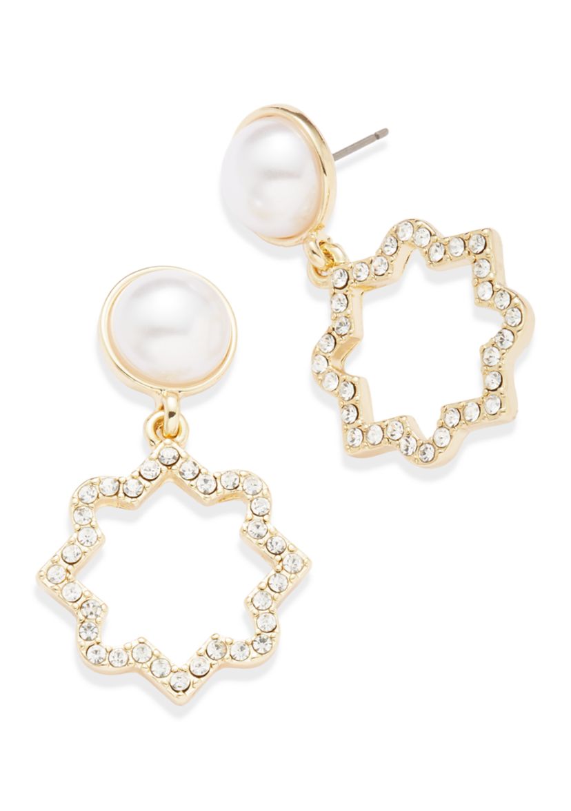 Gold Tone Quatrefoil Drop Earrings and Pearl Necklace Set