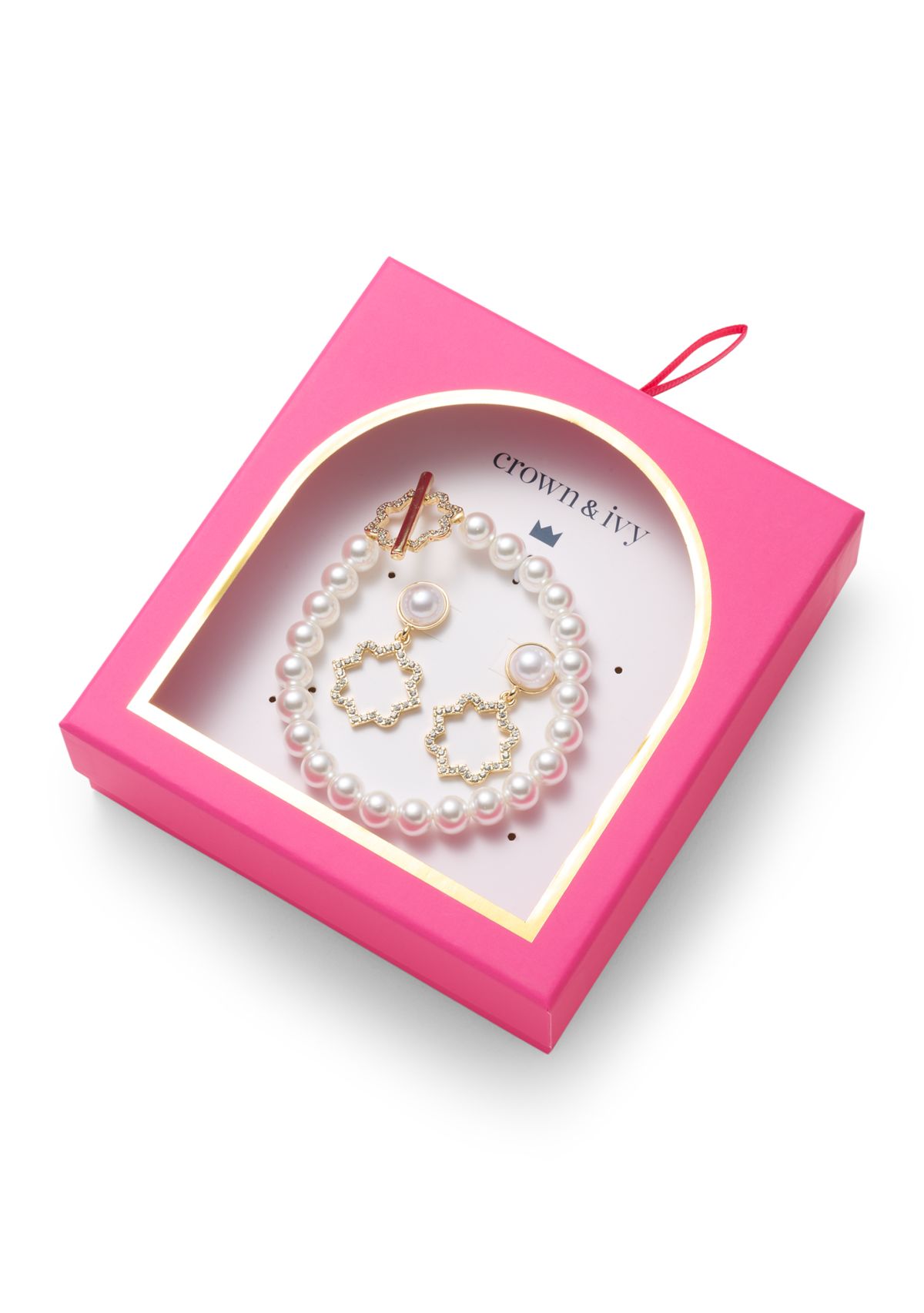 Gold Tone Quatrefoil Drop Earrings and Pearl Necklace Set