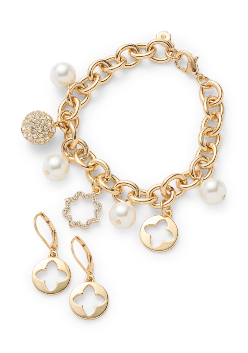 Quatrefoil Pearl Drop Charm Bracelet and Earrings Set