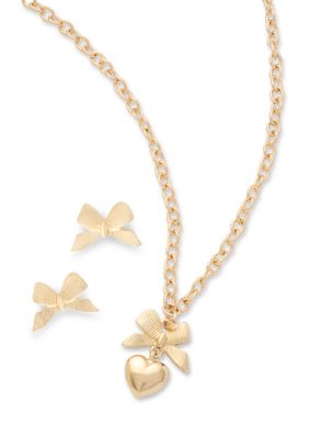 Gold Tone Bow Stud Earrings and Pendant Necklace Set