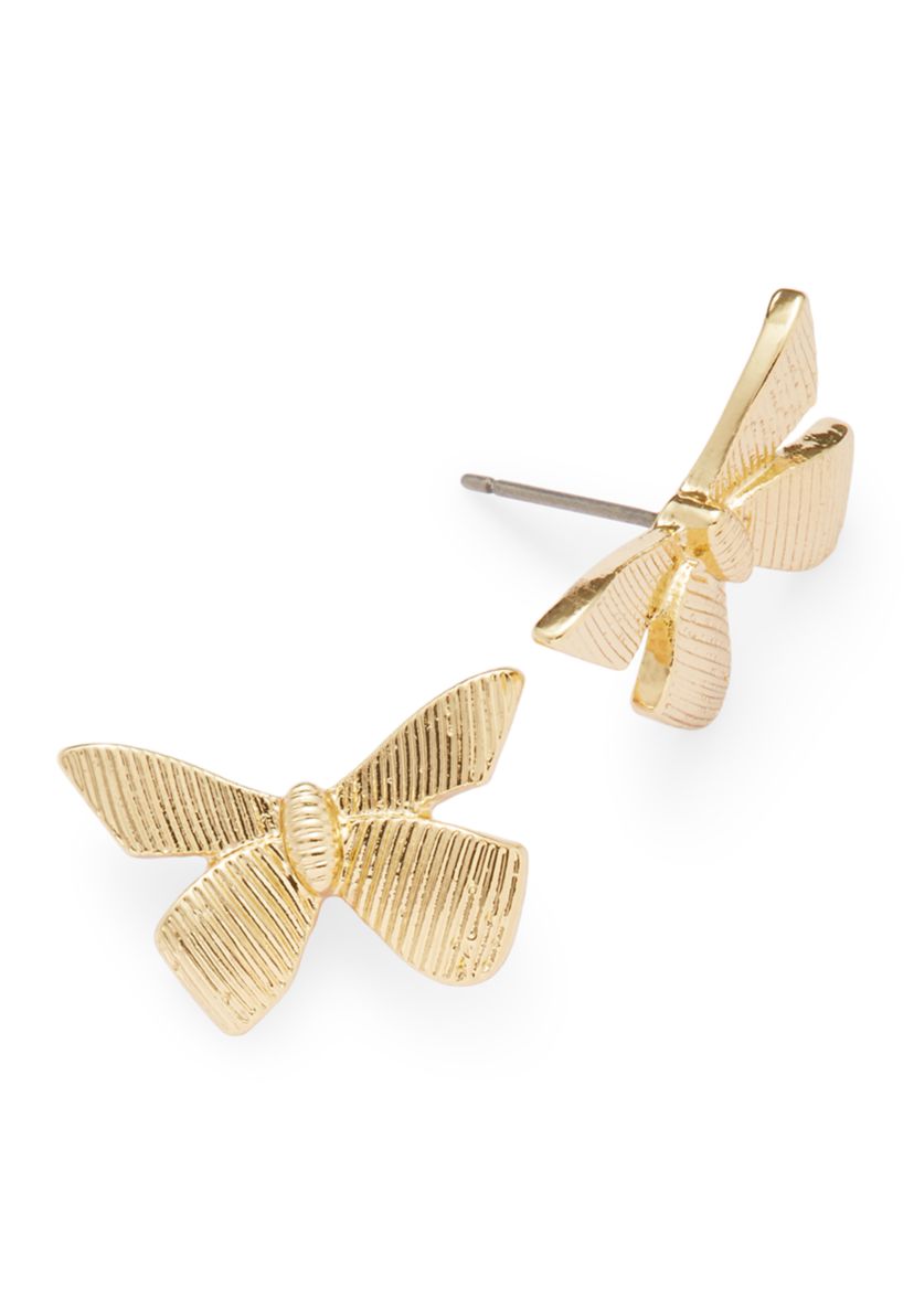 Gold Tone Bow Stud Earrings and Pendant Necklace Set