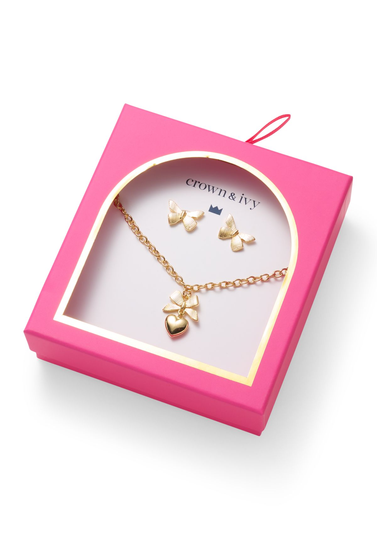 Gold Tone Bow Stud Earrings and Pendant Necklace Set