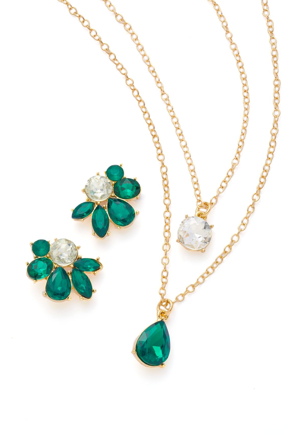 Gold Tone Cluster Stud Earrings and Multirow Pendant Necklace Set